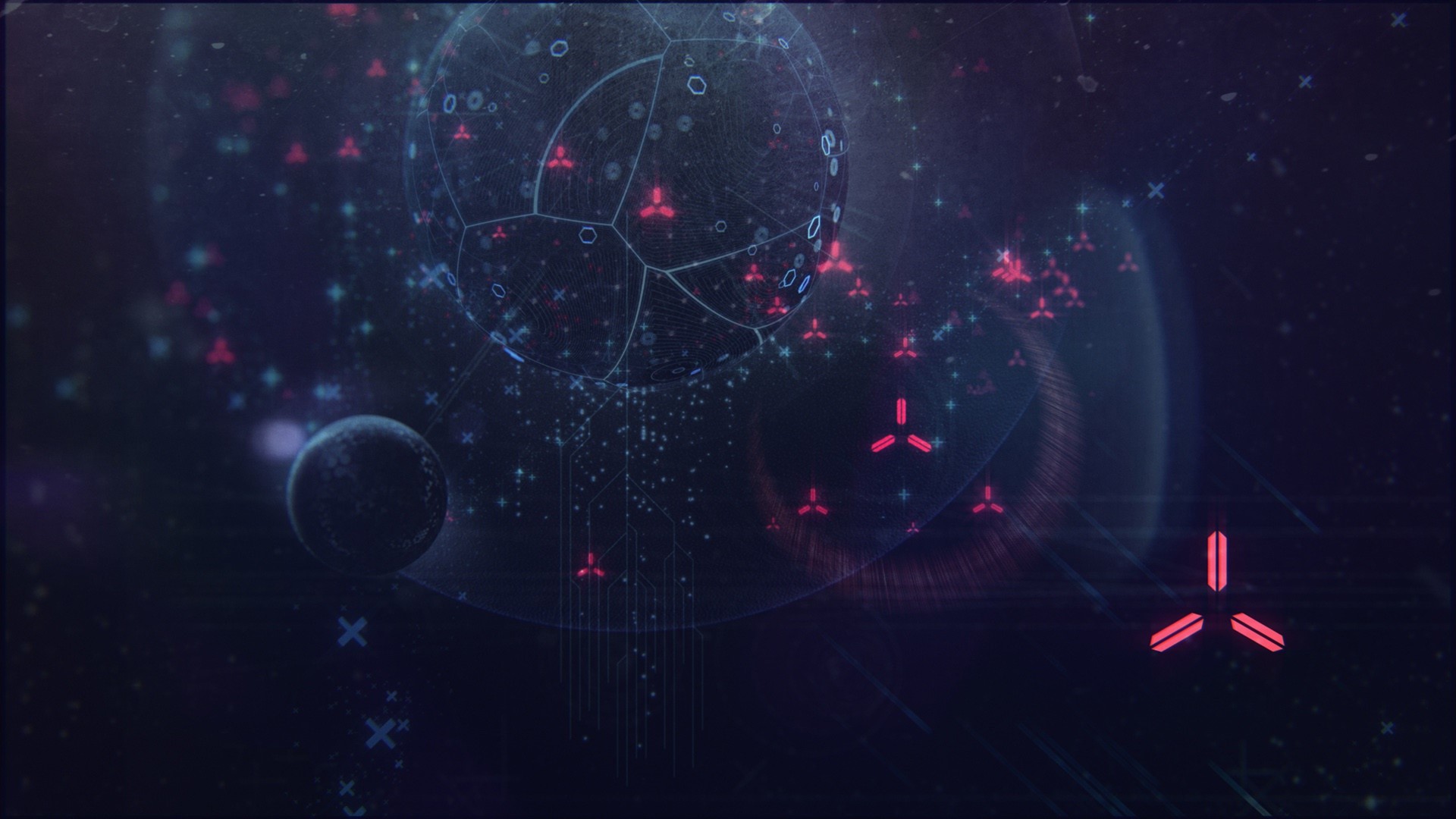 Digital space art with planets and futuristic symbols HD Wallpaper