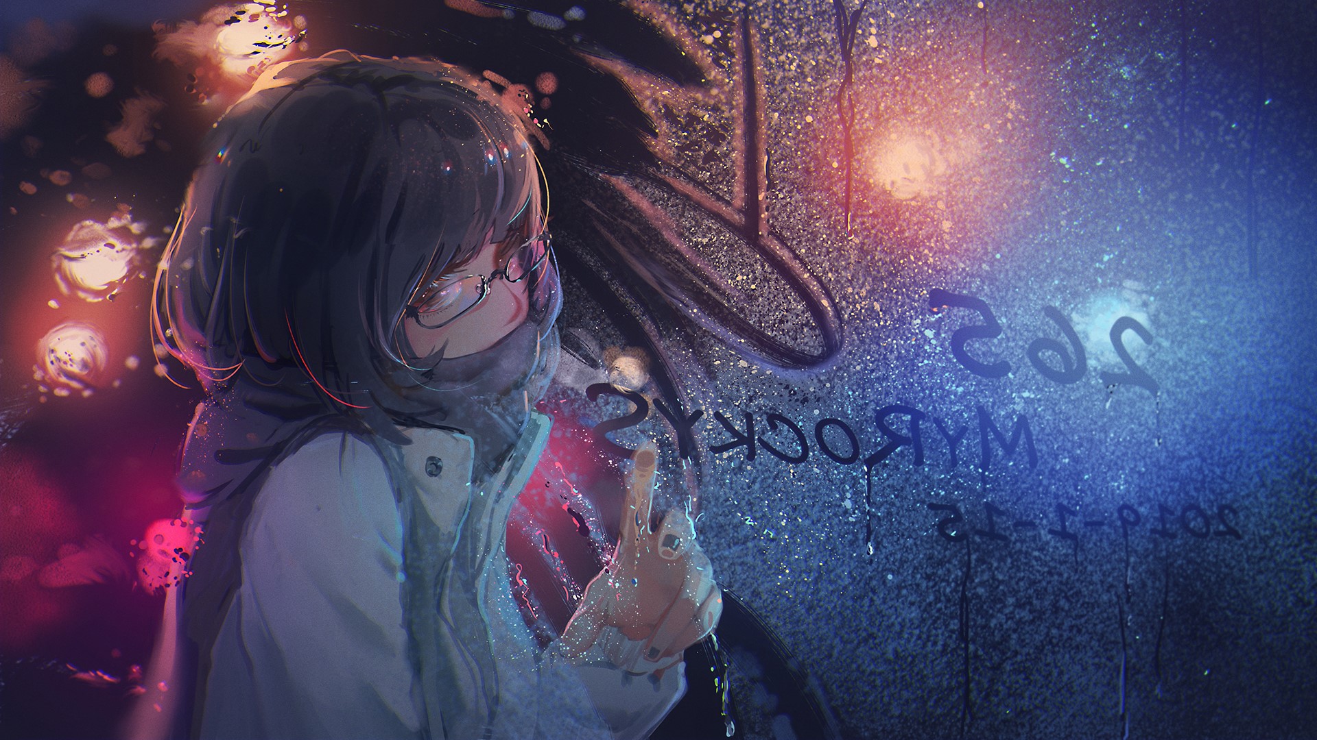 Anime girl with glasses drawing on a rainy window HD Wallpaper