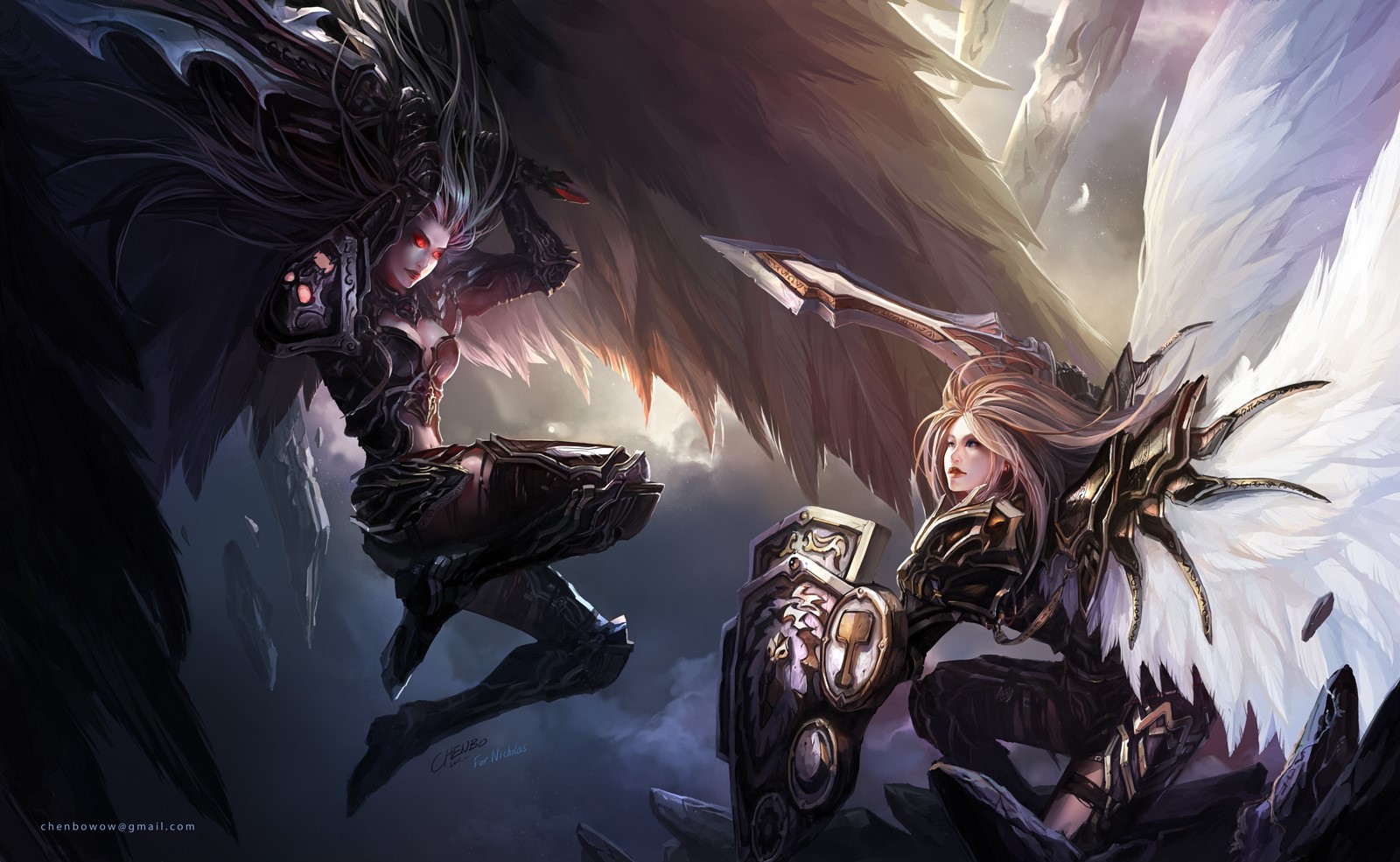 Fantasy art of two female warriors fighting HD Wallpaper