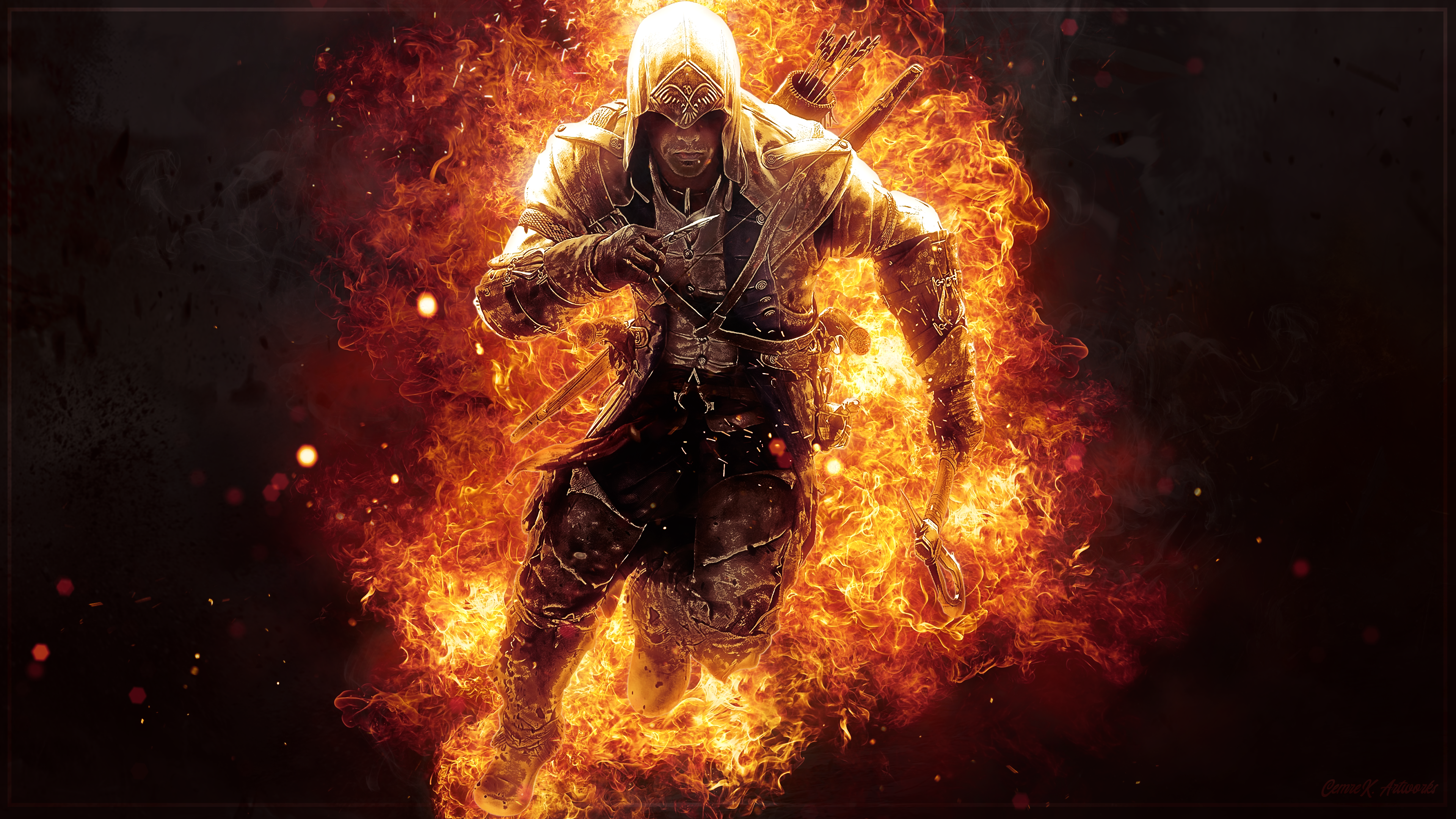Assassin's Creed character engulfed in flames HD Wallpaper