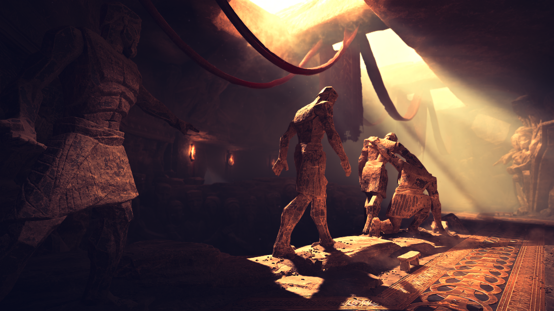 Statues in a cave with light beams HD Wallpaper