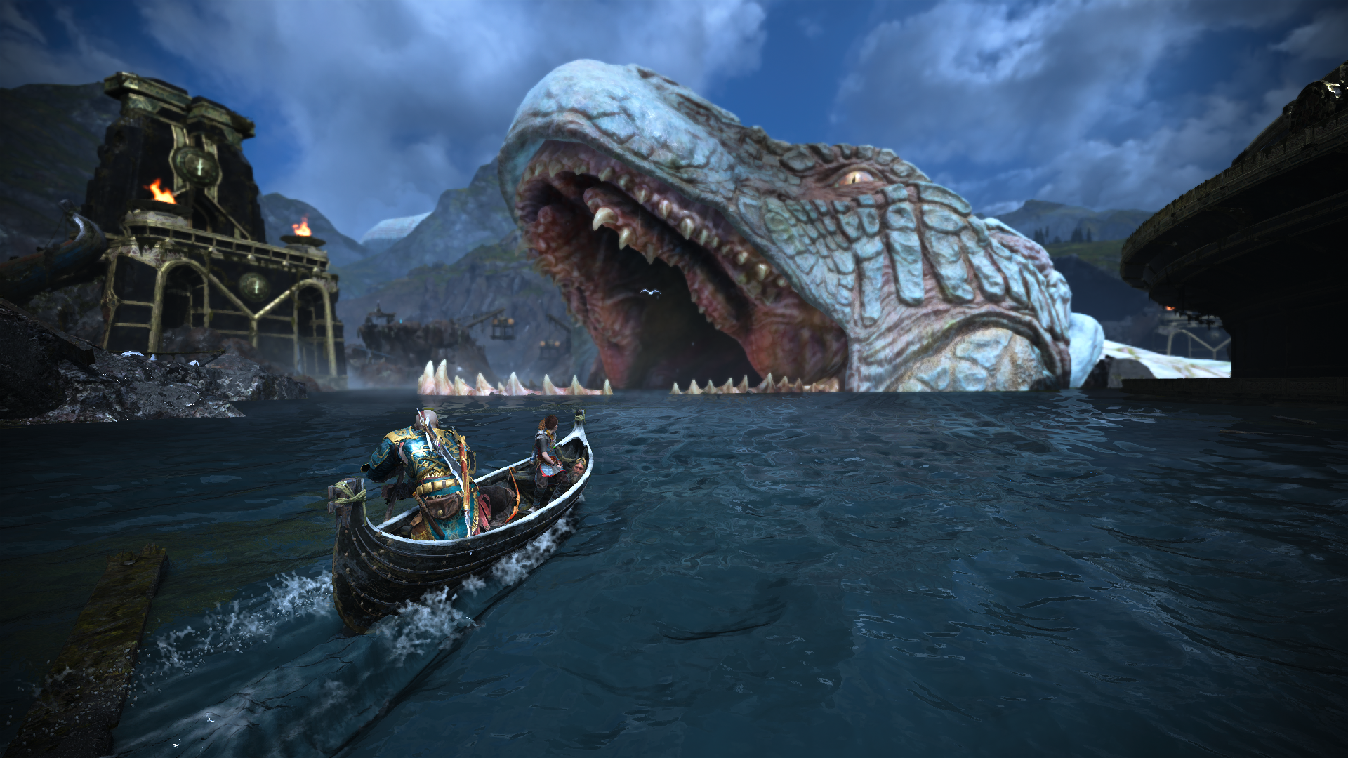 Kratos and Atreus in a boat before a giant sea serpent in God of War HD Wallpaper
