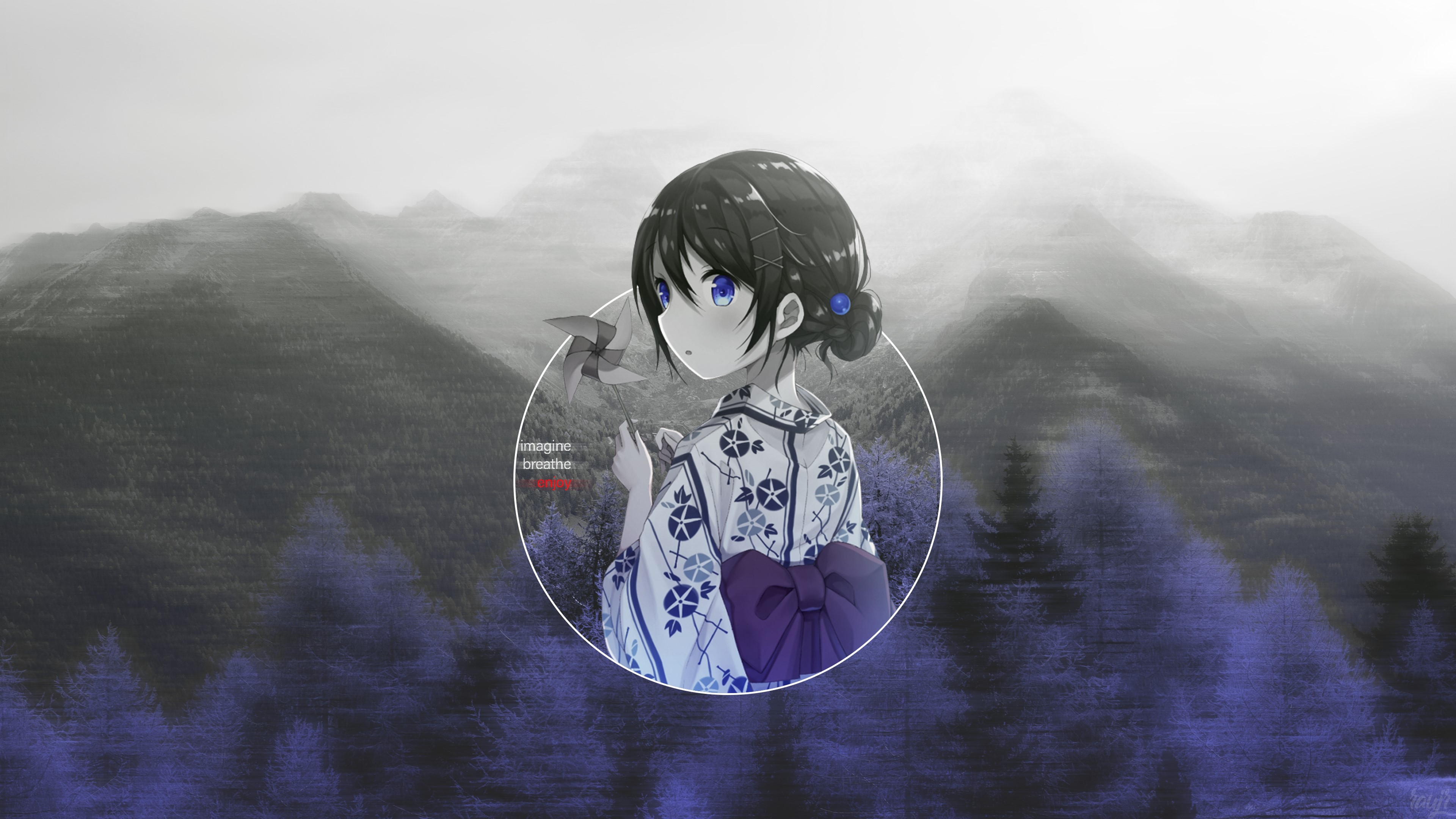 Anime girl in yukata holding pinwheel HD Wallpaper