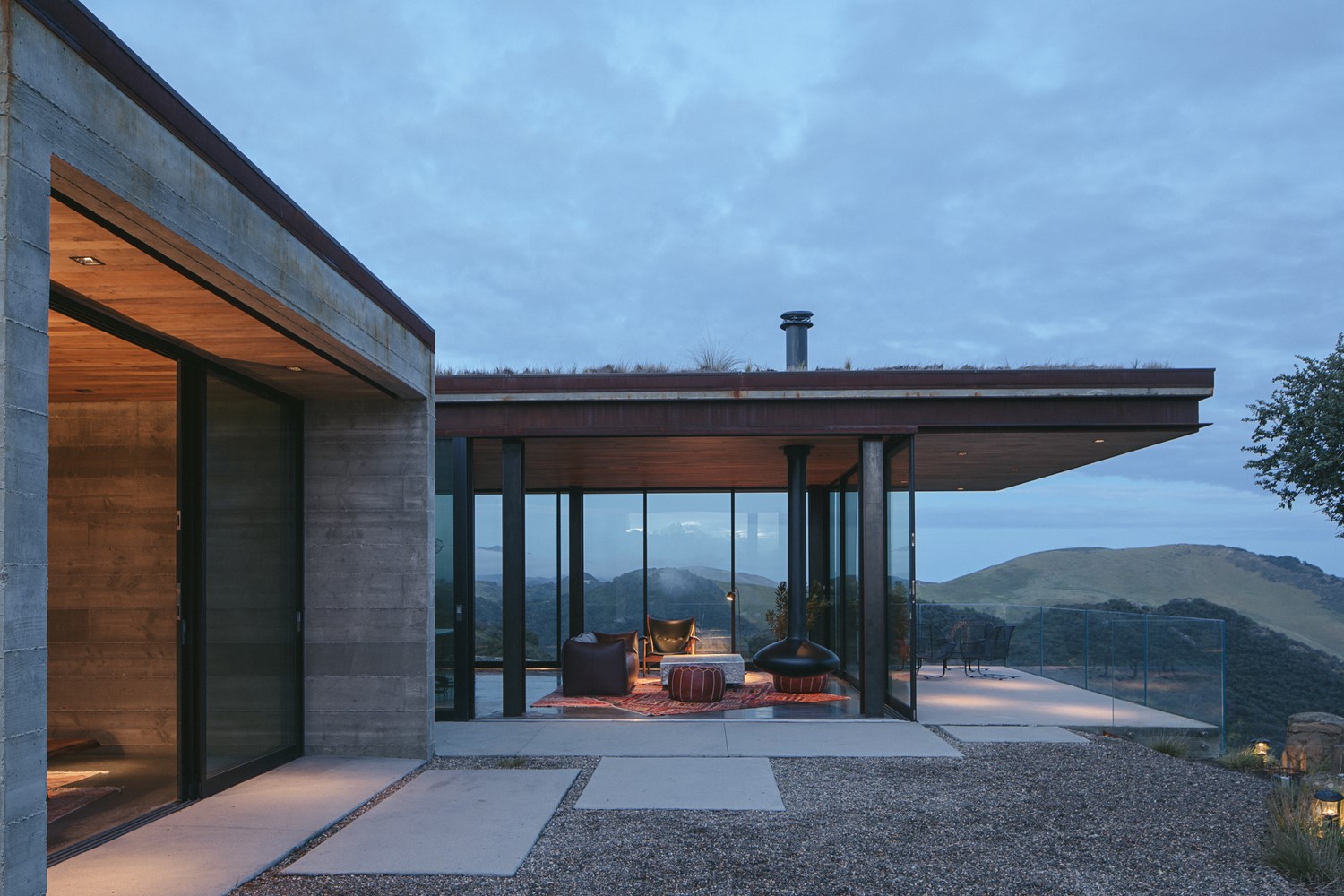 Modern house with living room and mountain view HD Wallpaper
