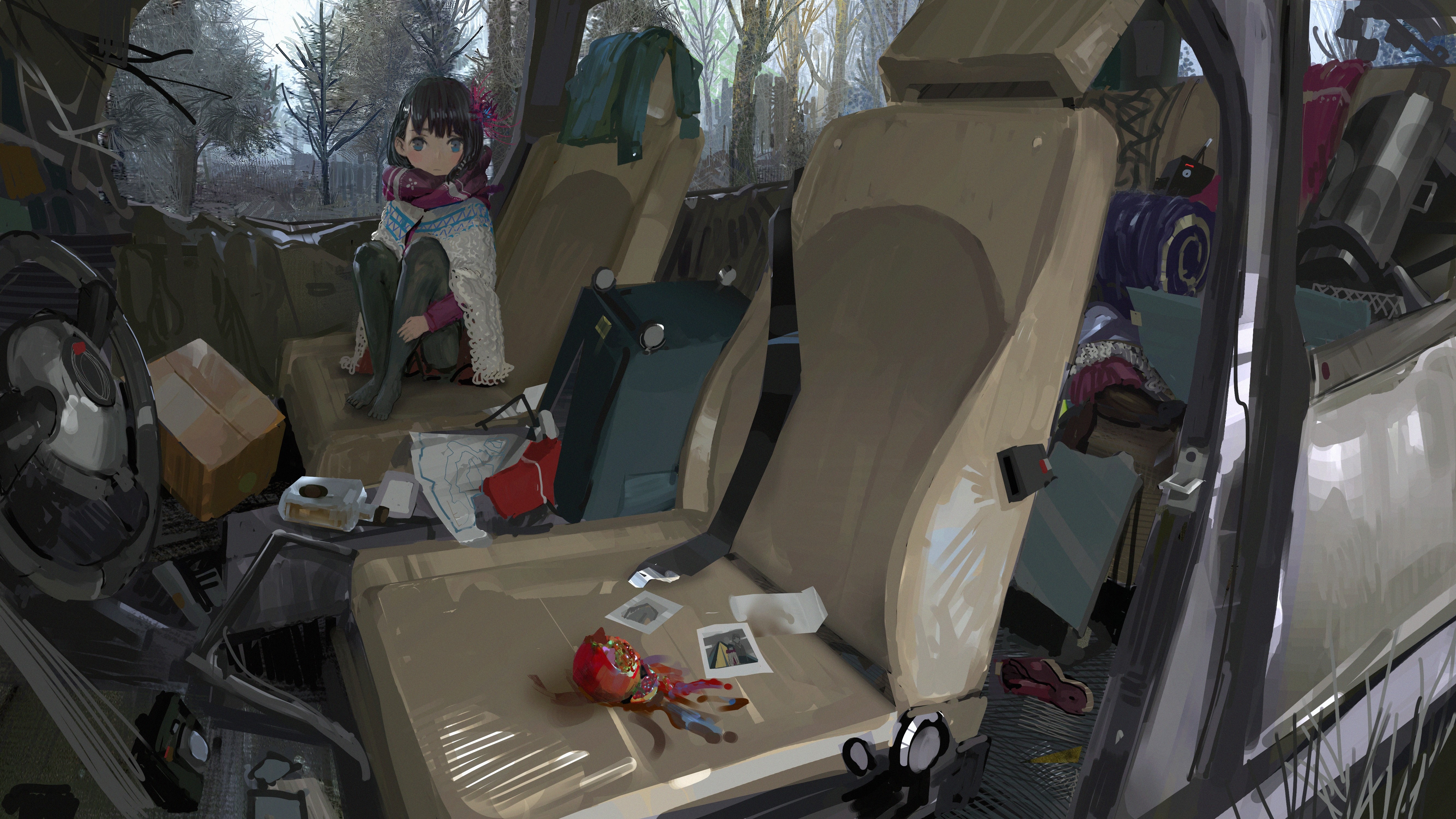 Anime girl sitting in abandoned car with belongings HD Wallpaper