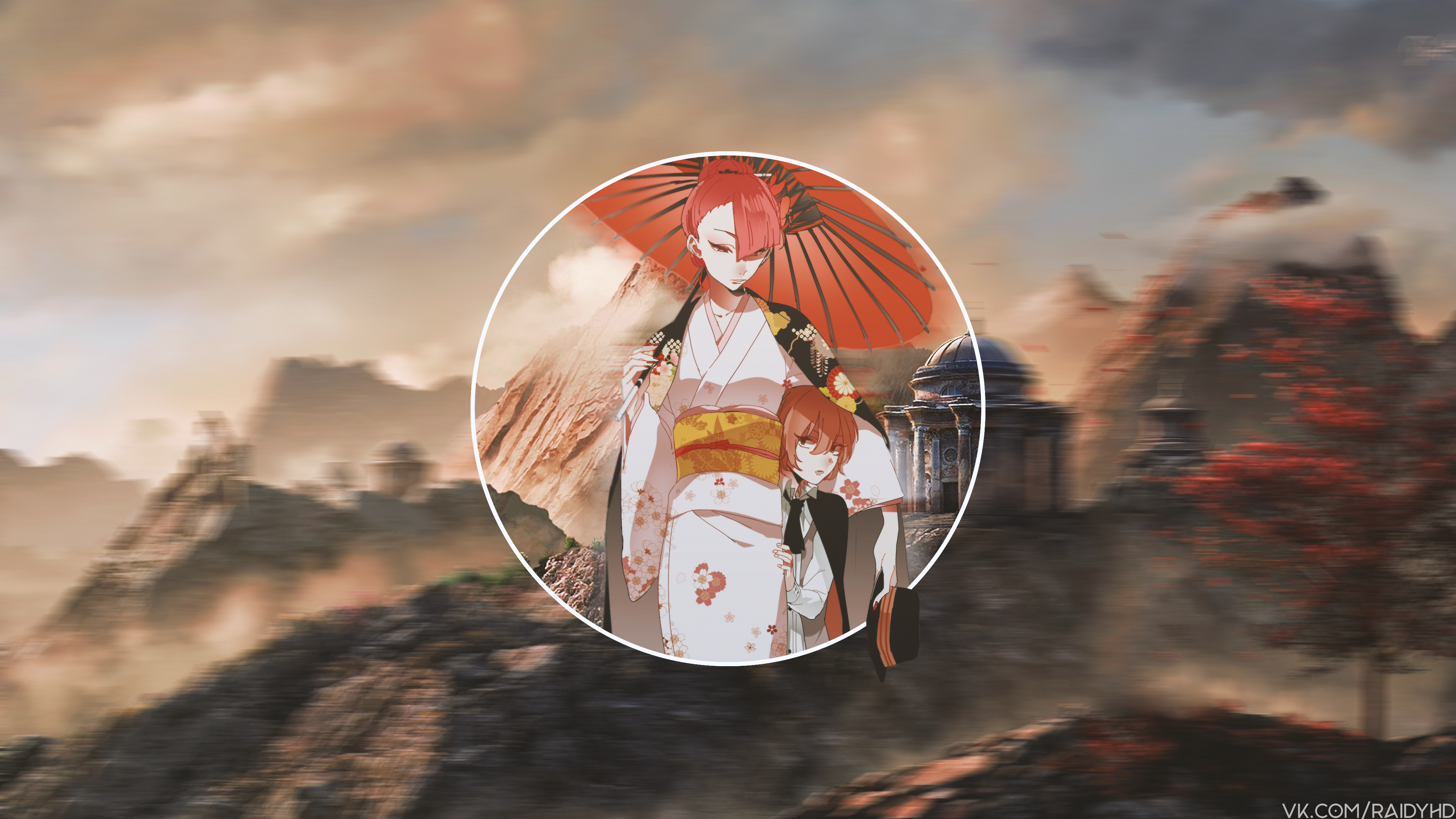 Anime girls in kimonos with umbrella HD Wallpaper