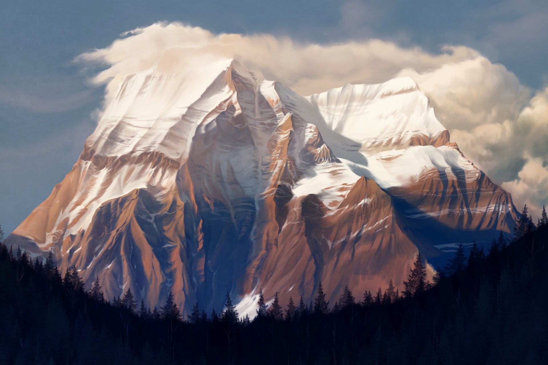 Snow-capped mountains with clouds and forest HD Wallpaper