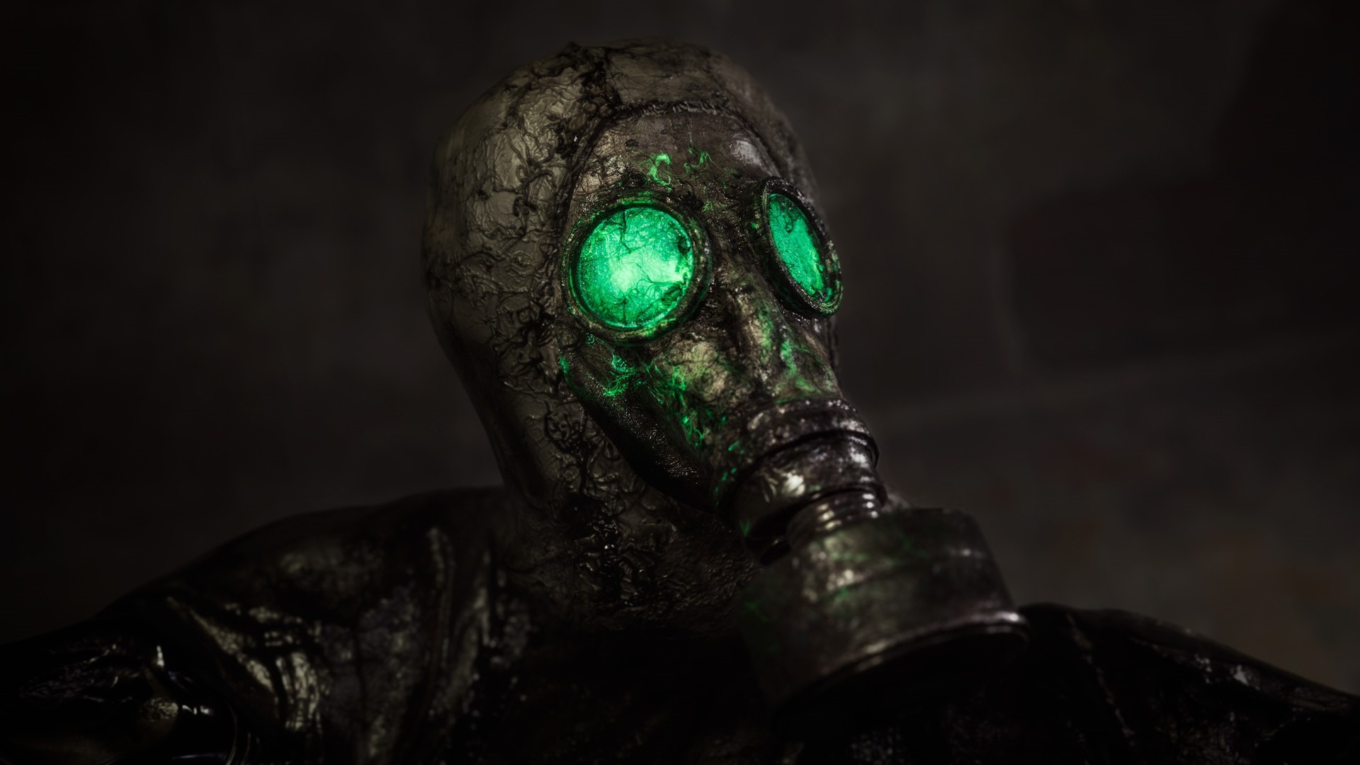 Gas mask with glowing green eyes HD Wallpaper