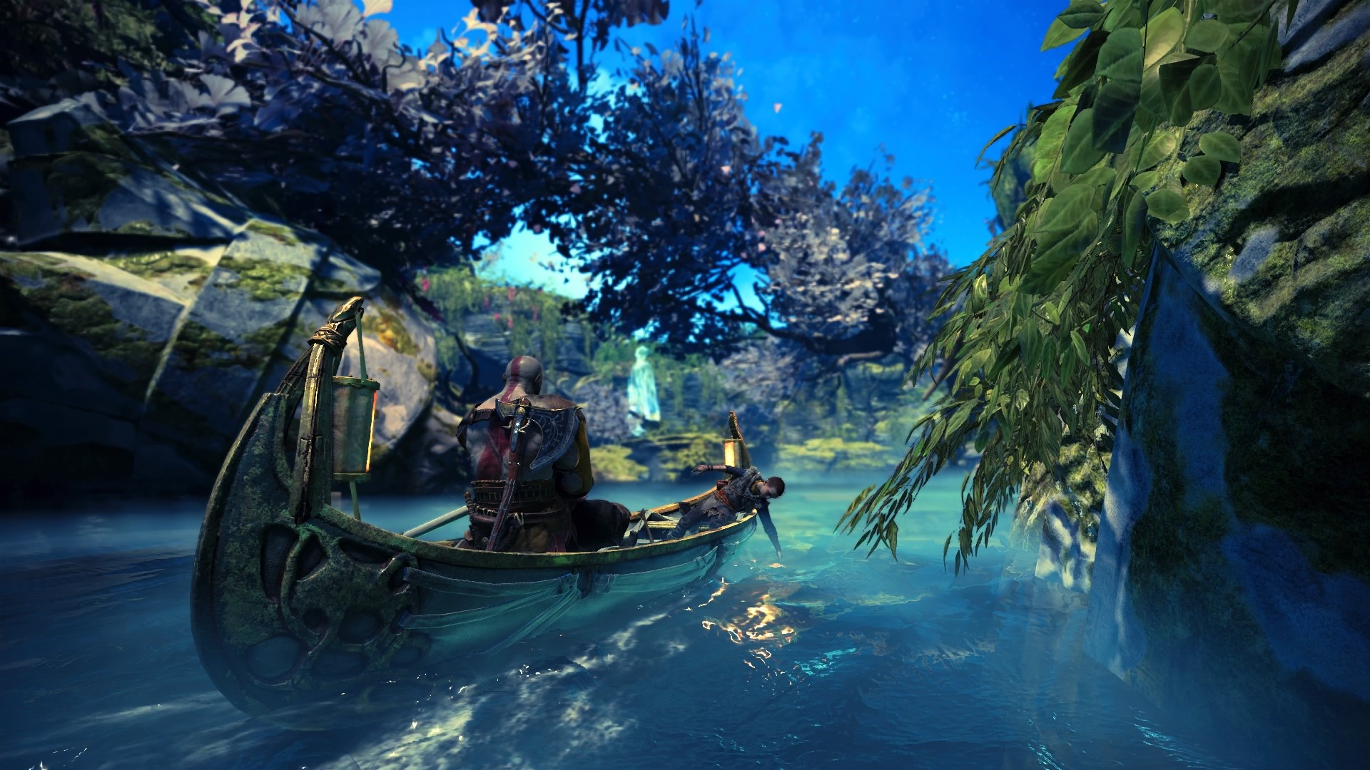 Kratos and Atreus in a boat in God of War HD Wallpaper