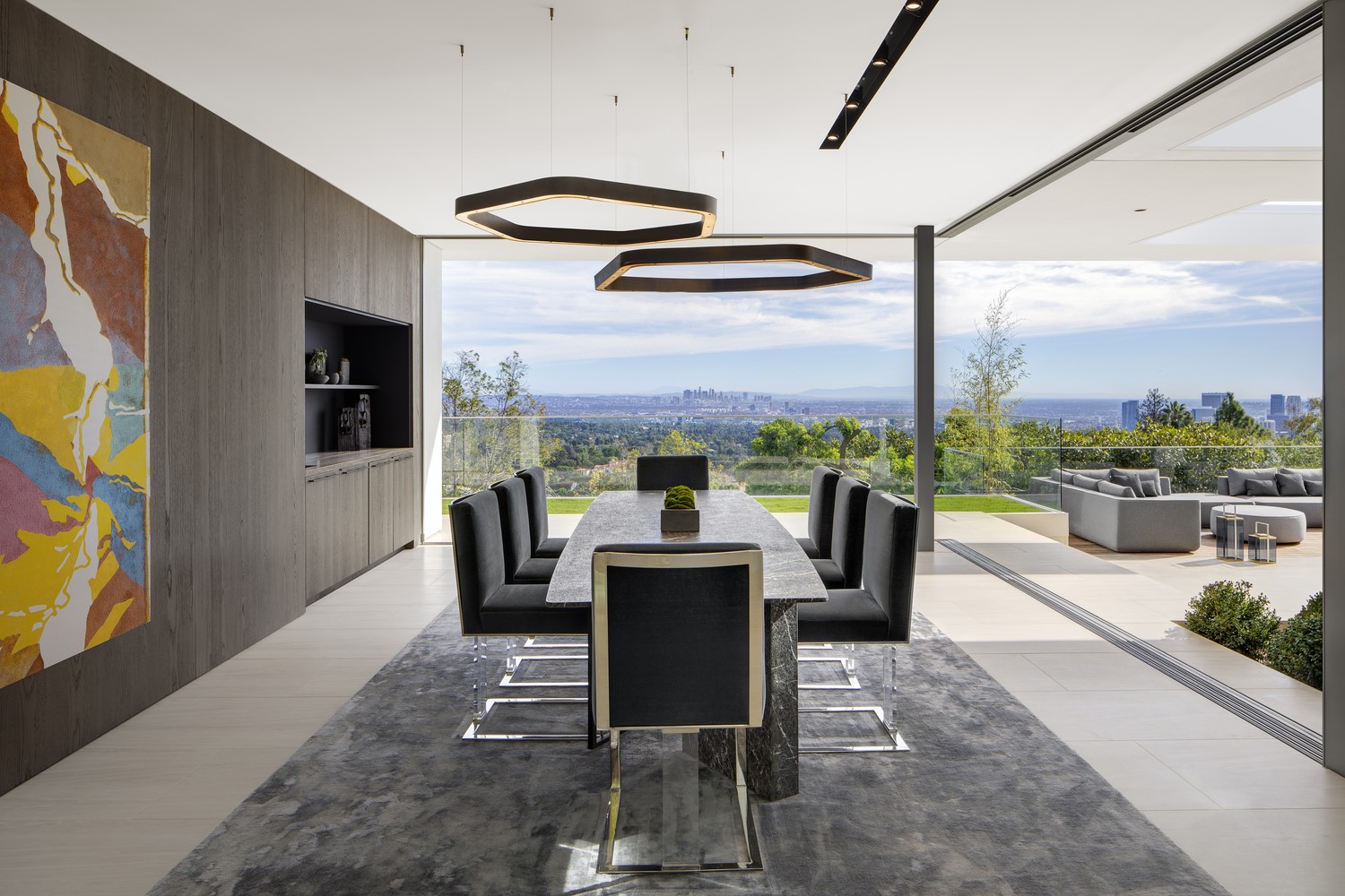 Modern dining room with city view HD Wallpaper
