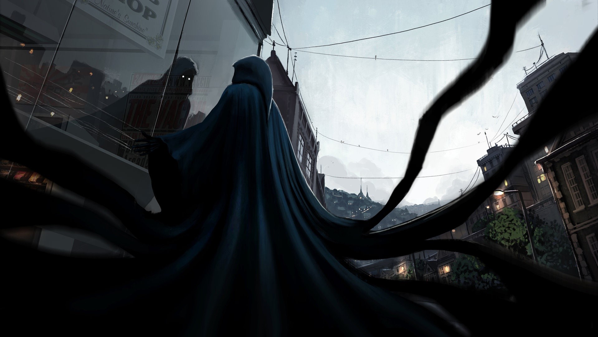 Demon with glowing eyes in a city at night HD Wallpaper