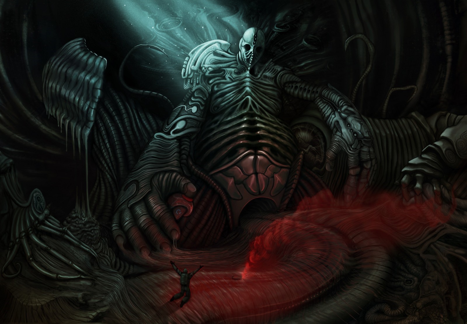 Alien creature with a small human figure HD Wallpaper