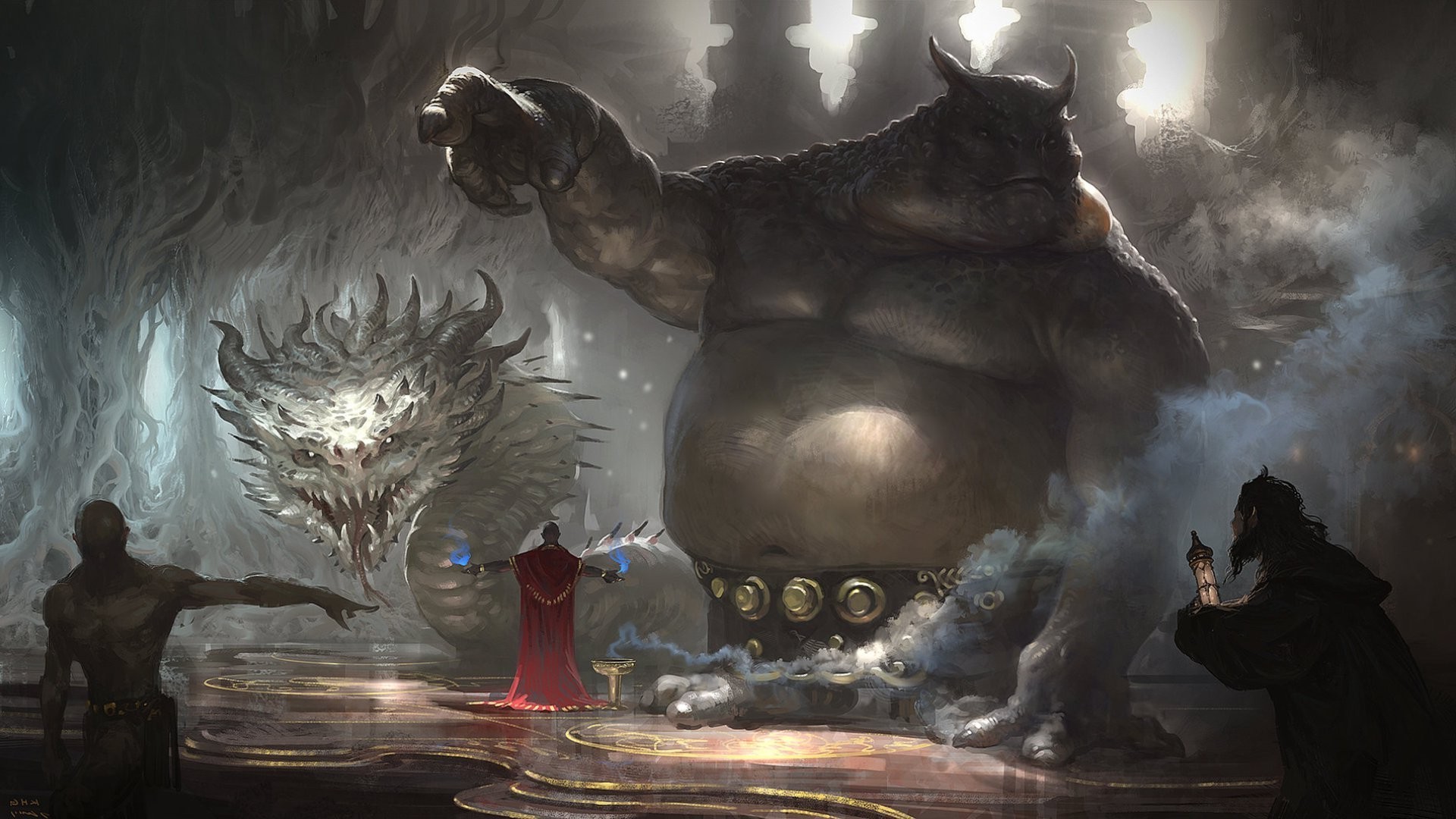 Fantasy art of a demon hunter, dragon, and giant creature HD Wallpaper