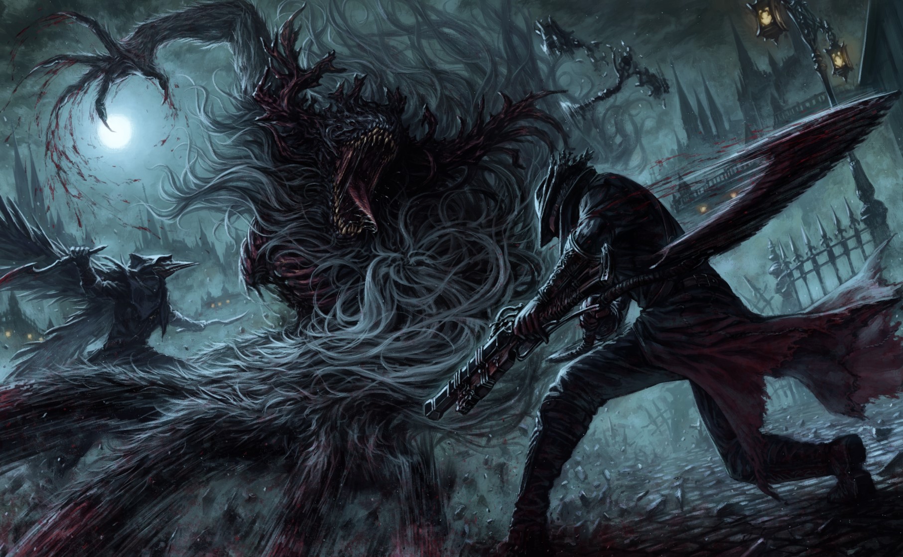 Hunter fighting a creature in Bloodborne HD Wallpaper