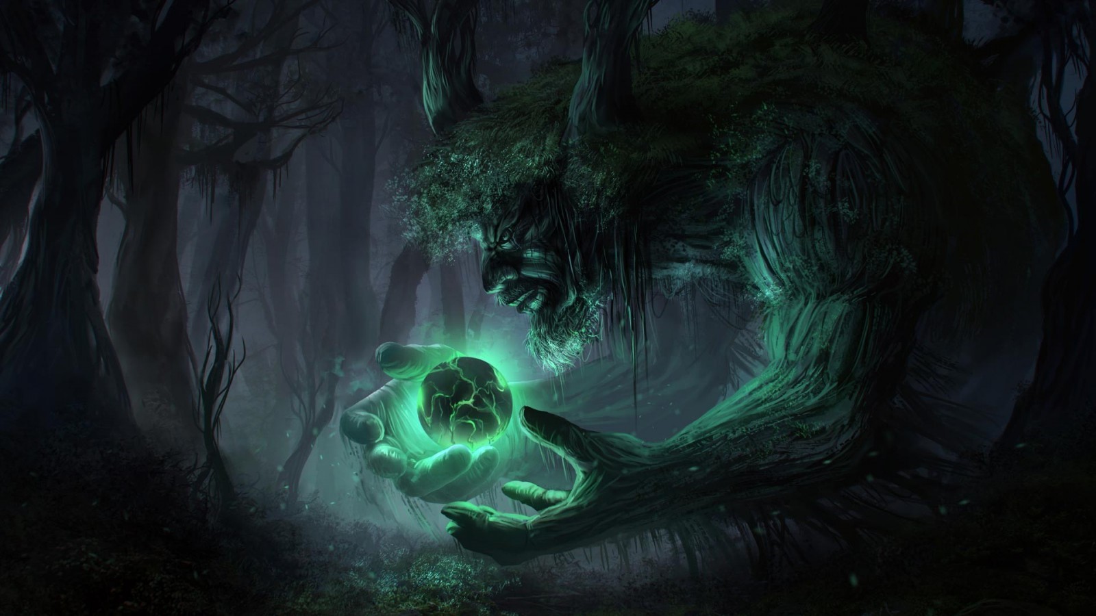 Tree creature holding a glowing orb in a dark forest HD Wallpaper