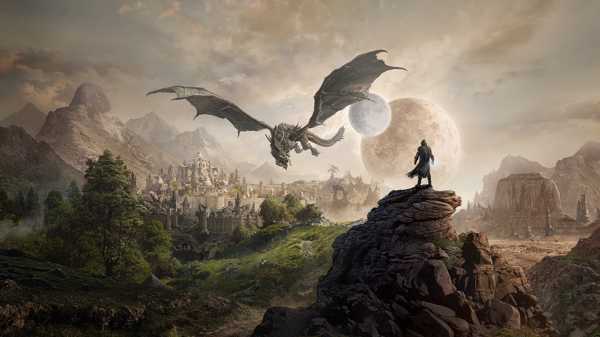 Dragon flying over a fantasy city with a man on a rock HD Wallpaper