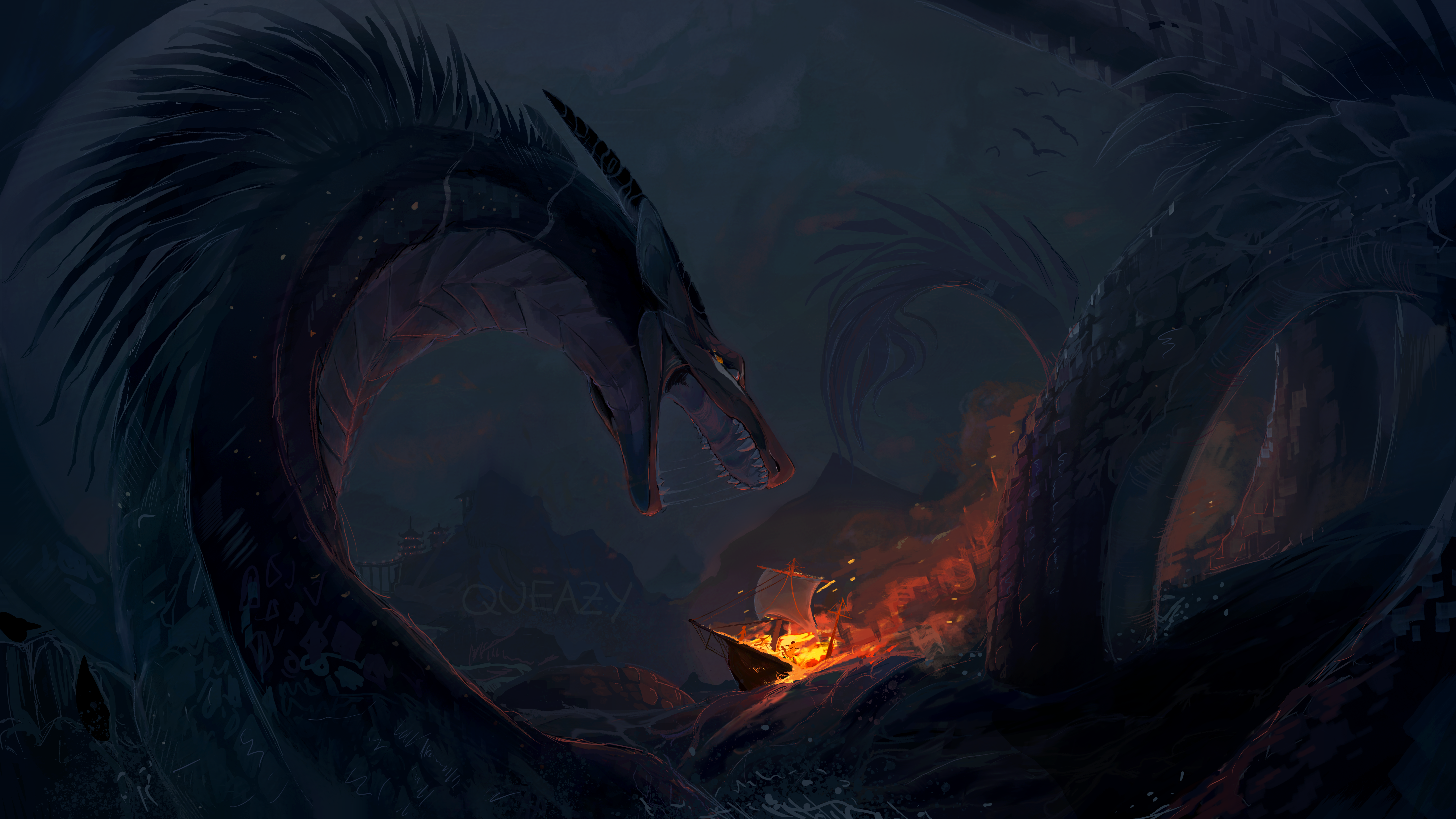 Sea monster attacking a burning ship HD Wallpaper