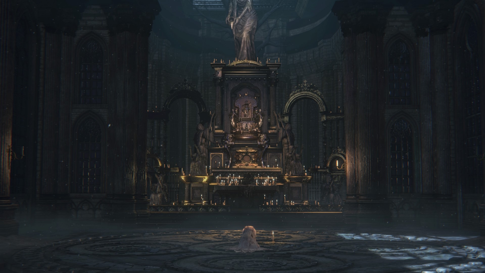Bloodborne altar with a kneeling figure HD Wallpaper