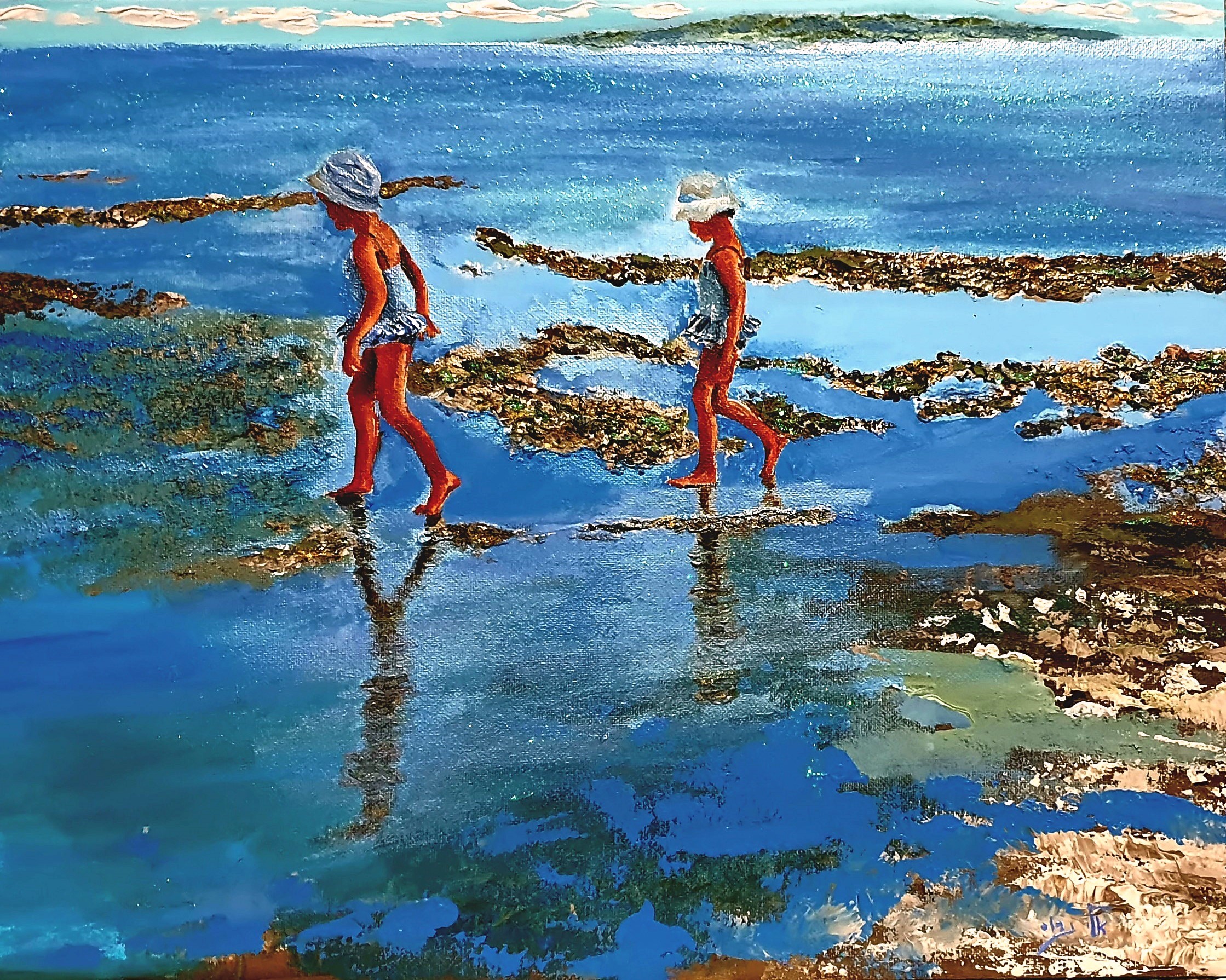 Two girls walking on a beach with reflections HD Wallpaper