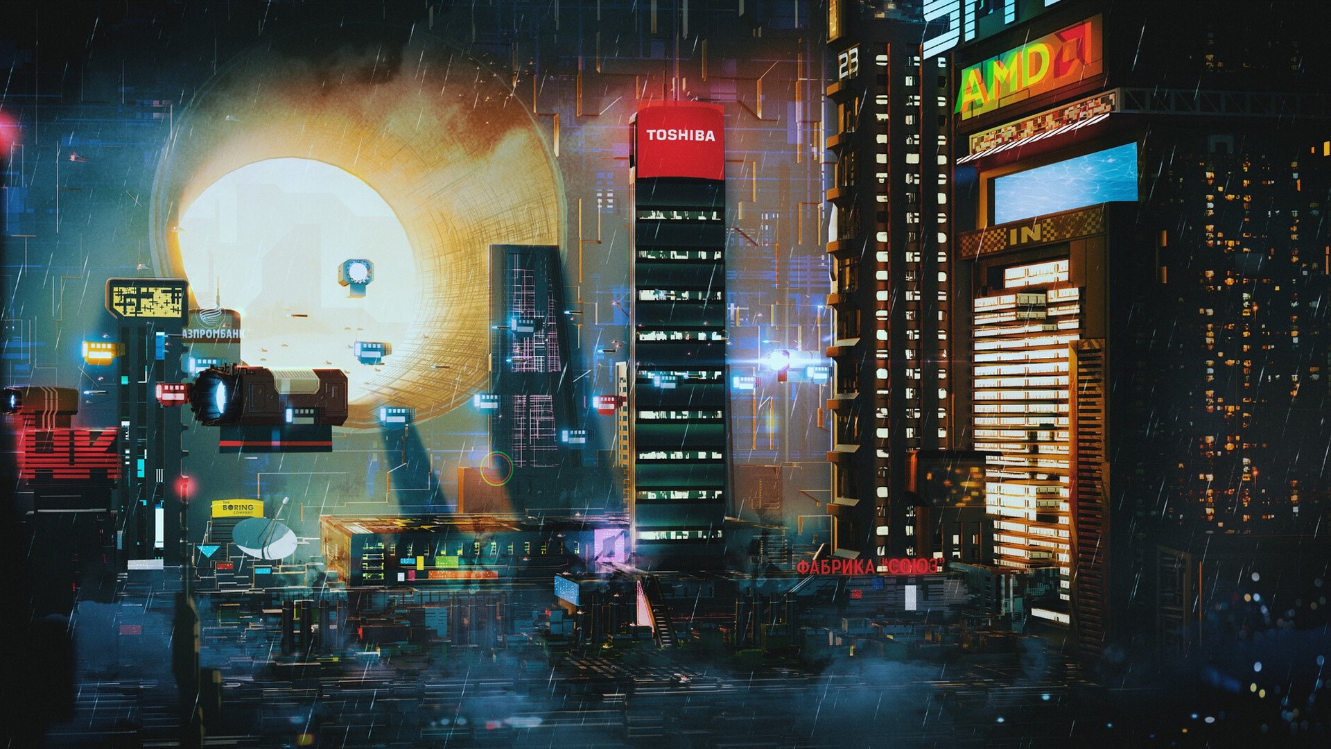 Futuristic cityscape with AMD and Toshiba buildings HD Wallpaper