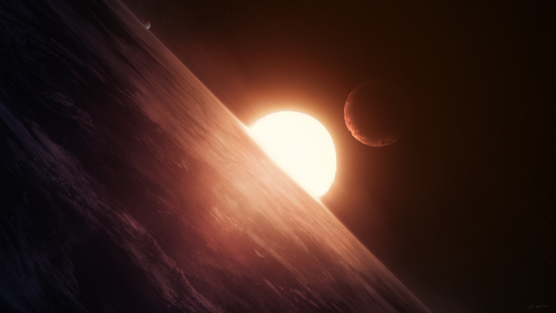 Sun rising over a planet with moons HD Wallpaper