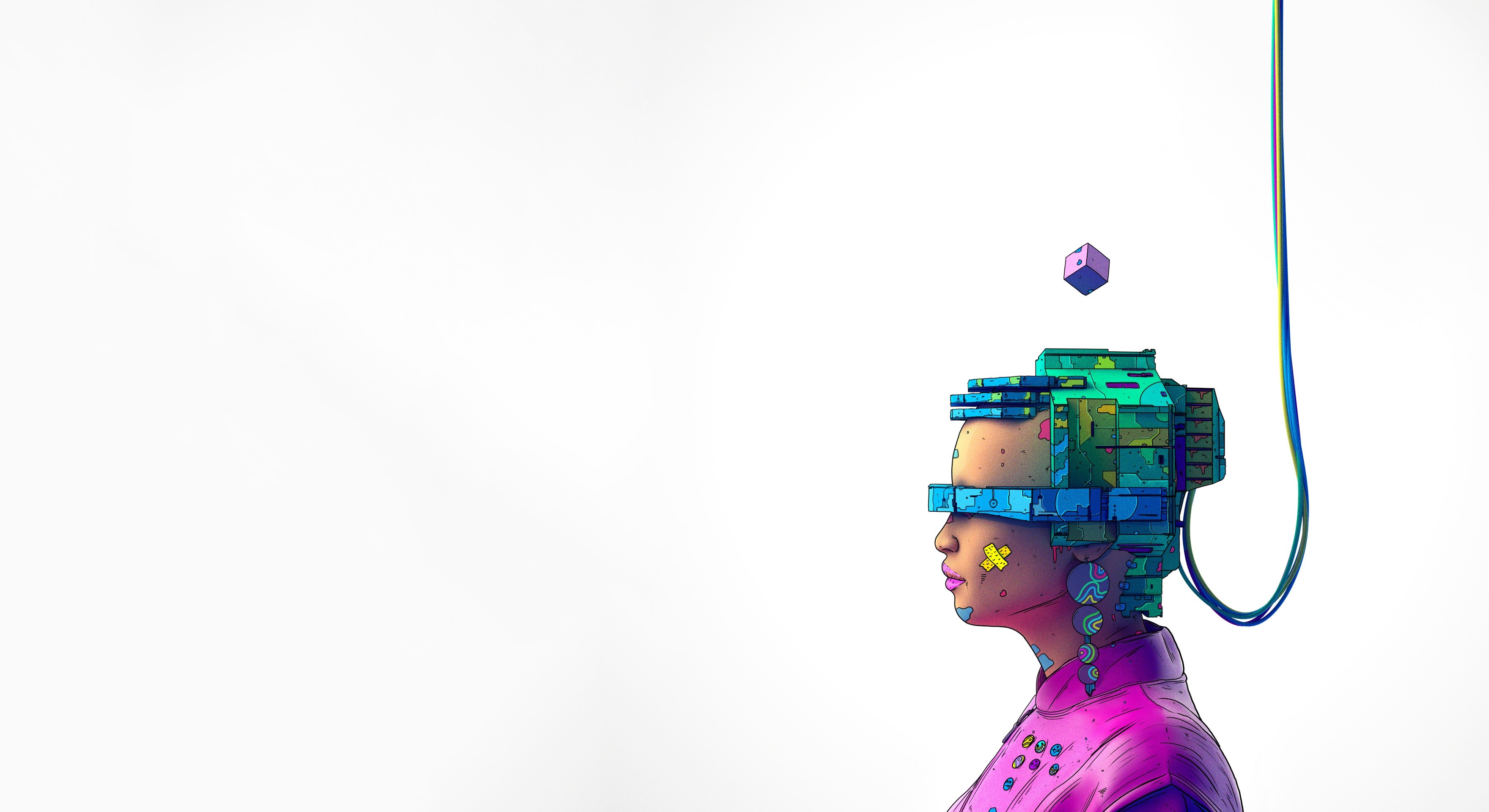 Futuristic woman with cybernetic implants and a cube HD Wallpaper
