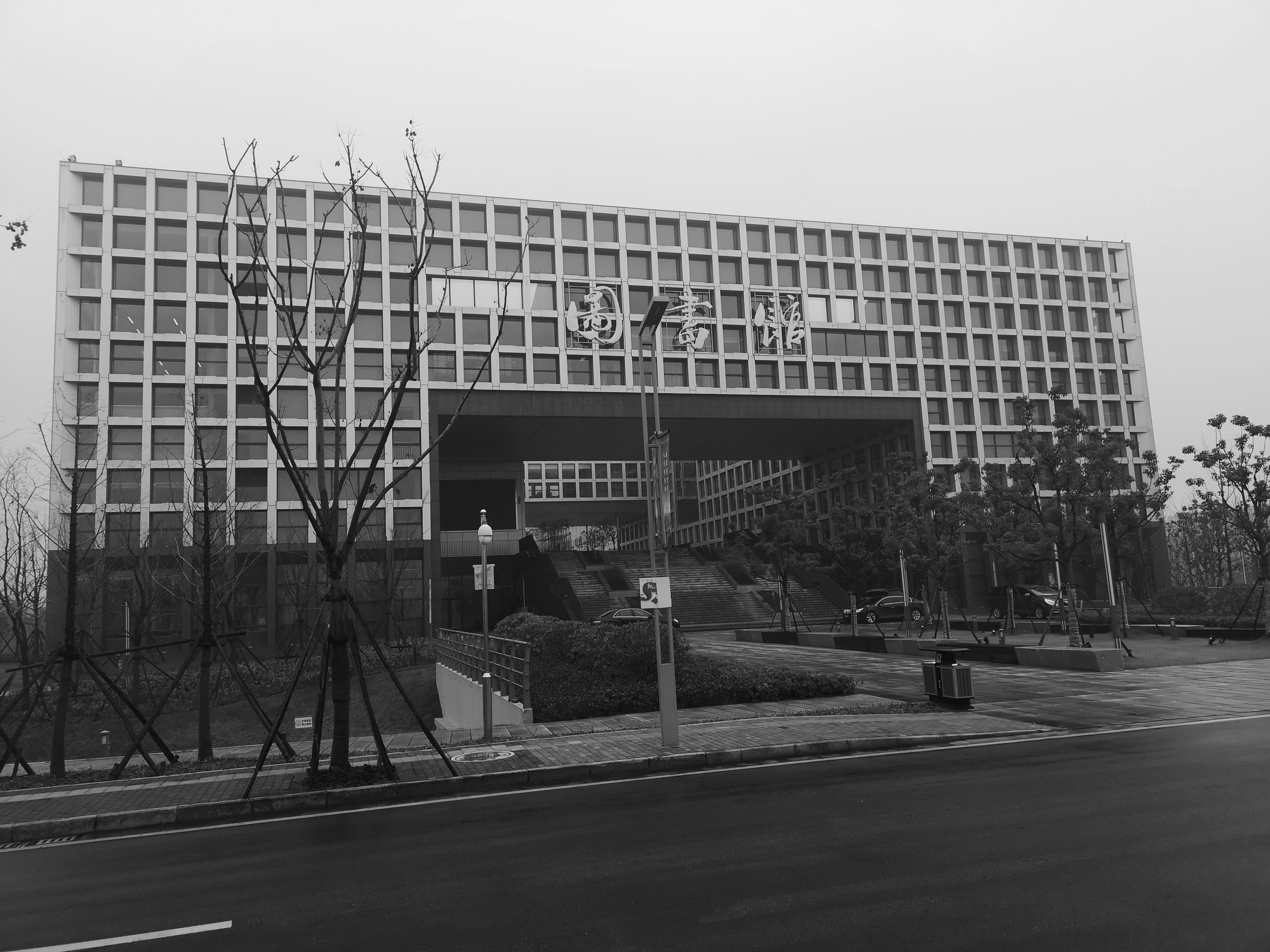 Monochrome building with grid facade and archway HD Wallpaper