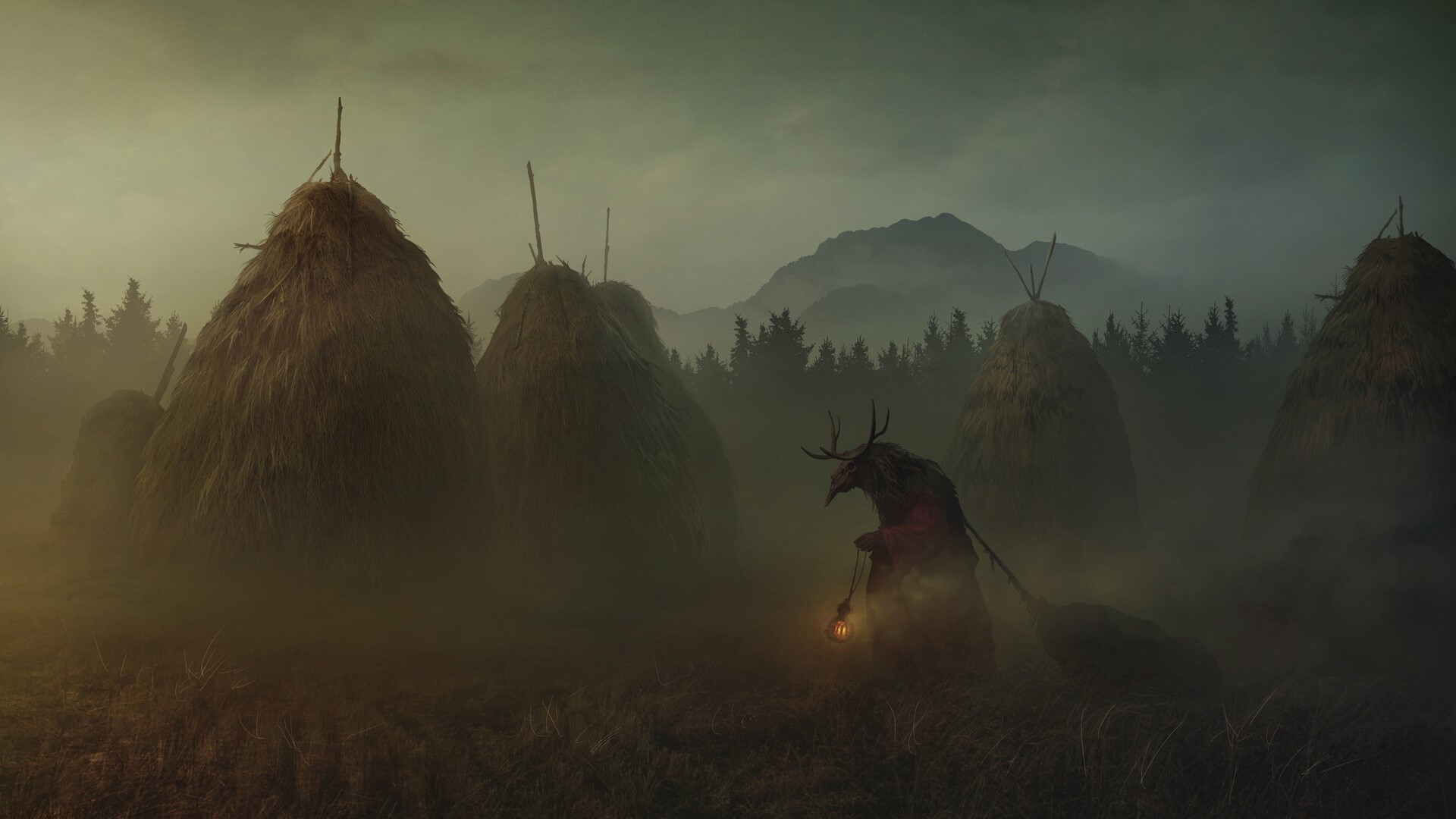 Fantasy creature with lantern in foggy field with haystacks HD Wallpaper