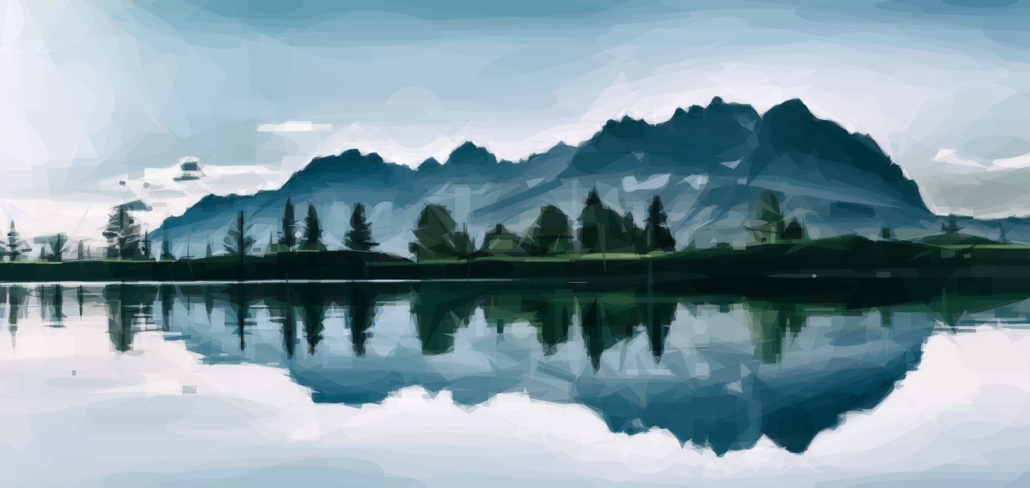 Mountains reflected in a lake with trees HD Wallpaper