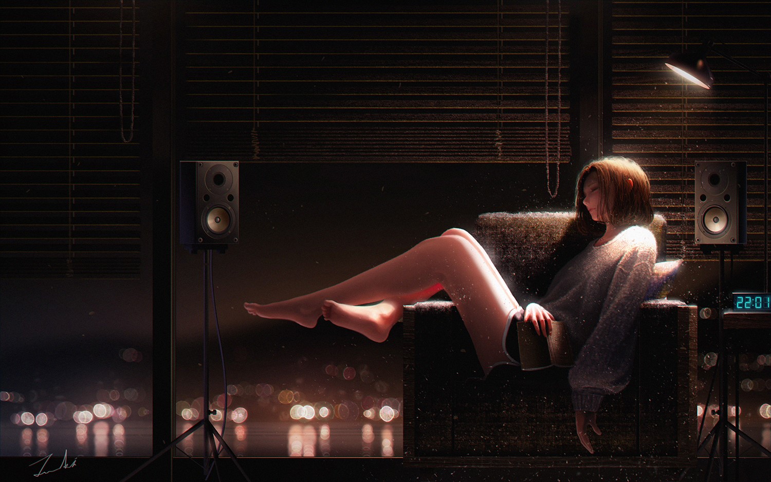 Anime girl relaxing by the window at night HD Wallpaper