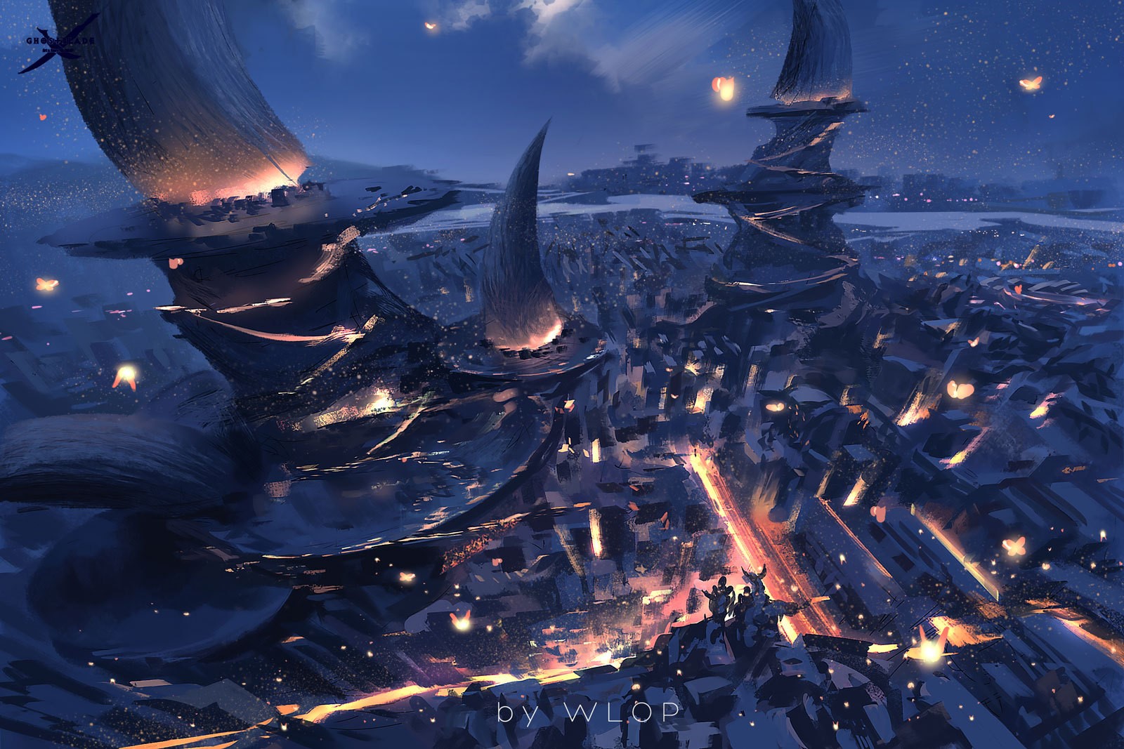 Fantasy Cityscape with Bioluminescent Flora and Fauna HD Wallpaper