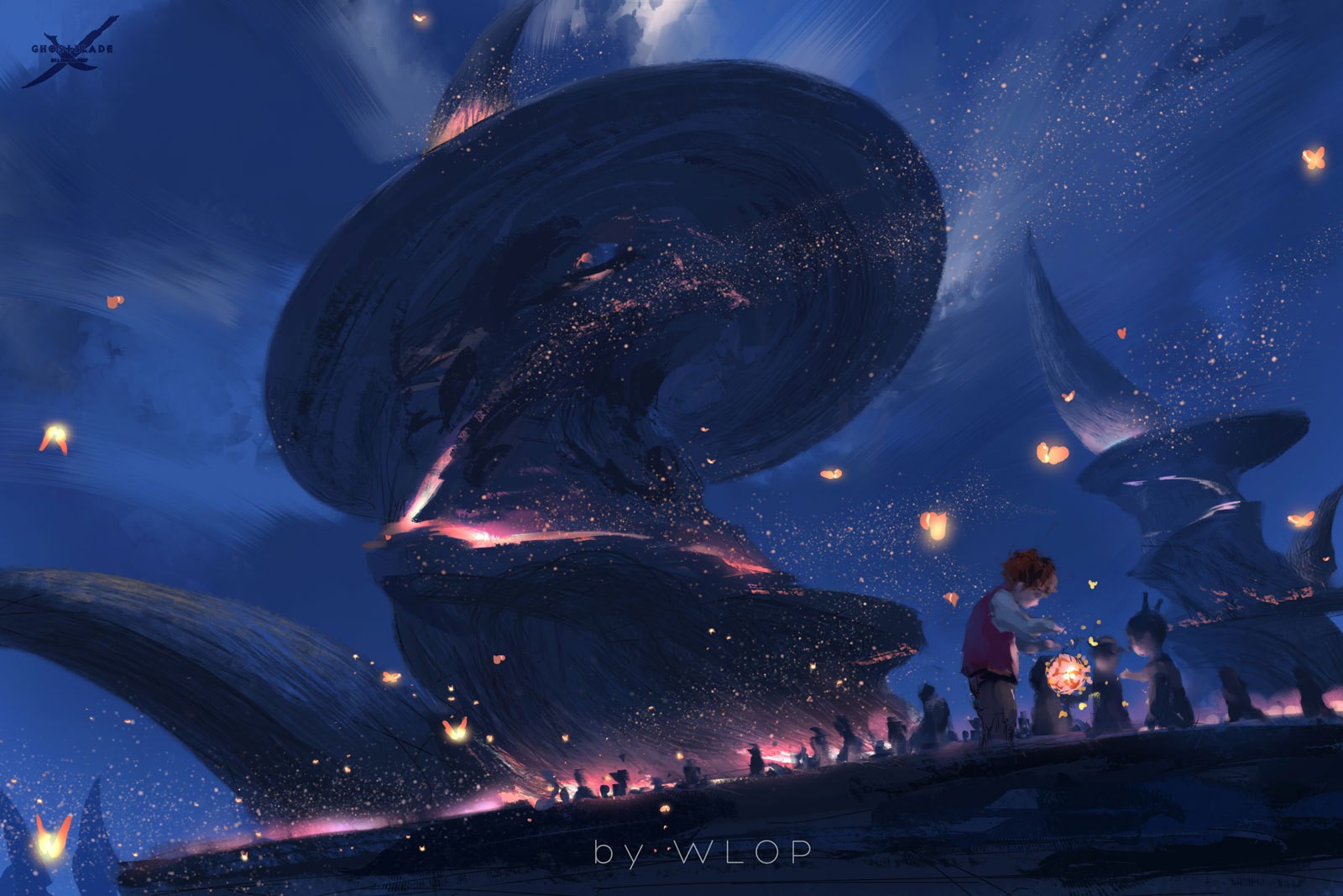 Fantasy art by WLOP with children releasing lanterns HD Wallpaper
