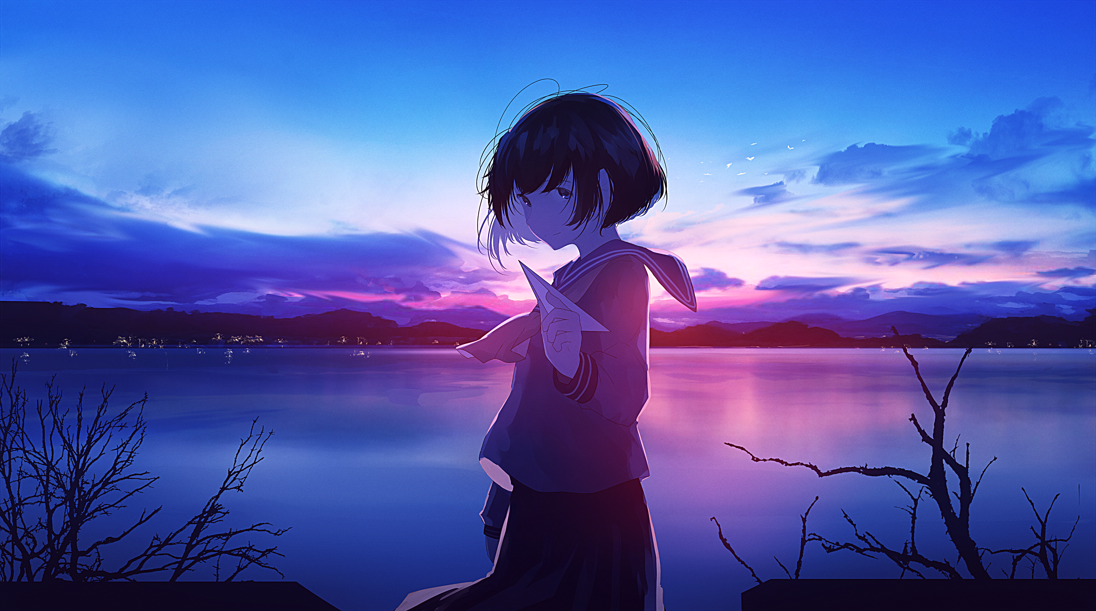 Anime girl with paper plane by the lake at sunset HD Wallpaper