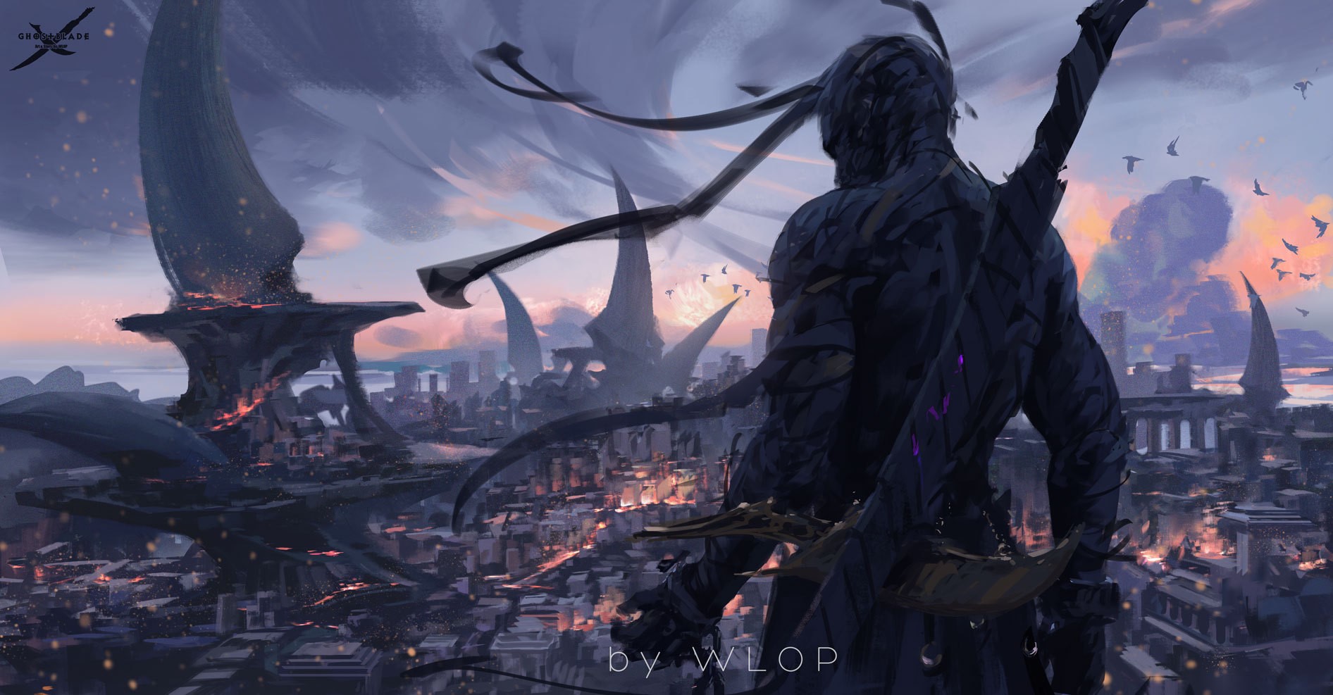 Fantasy city with a warrior by WLOP HD Wallpaper