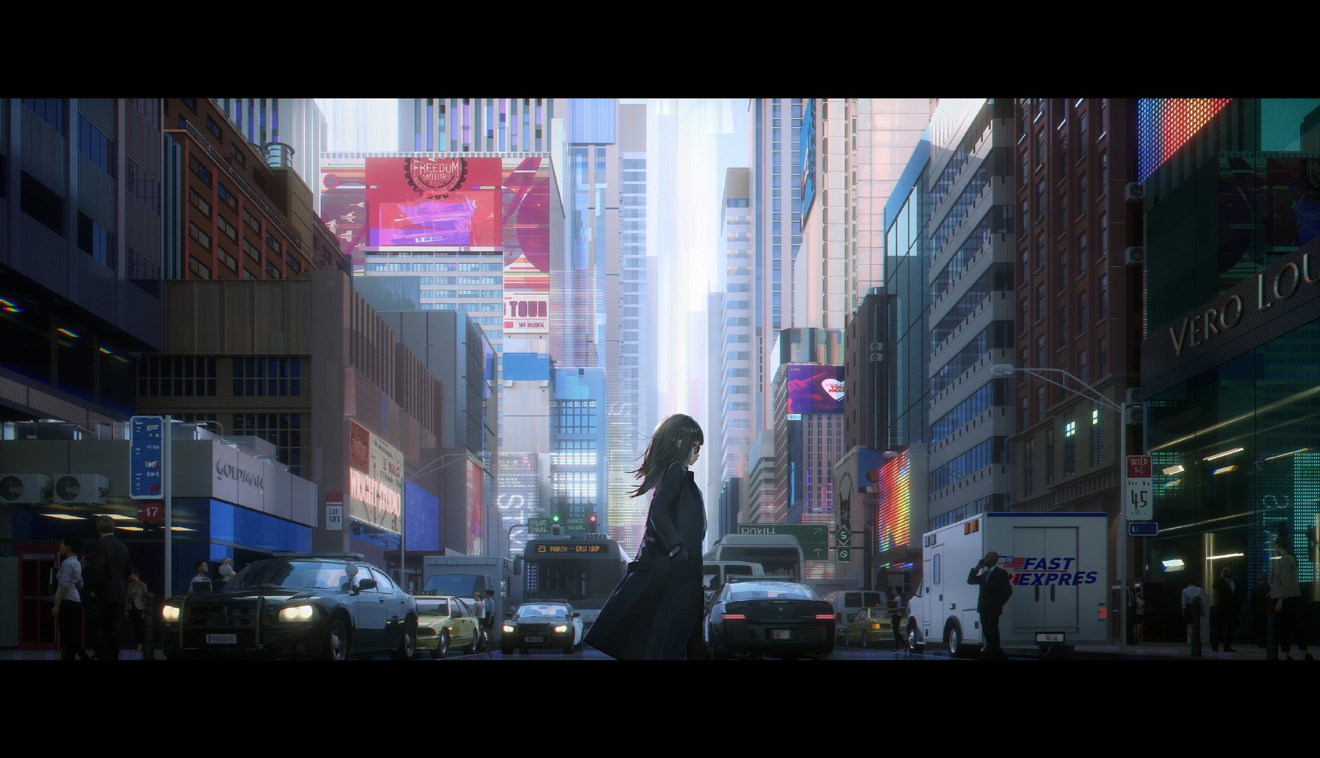 Anime girl in a dark coat in a futuristic city HD Wallpaper