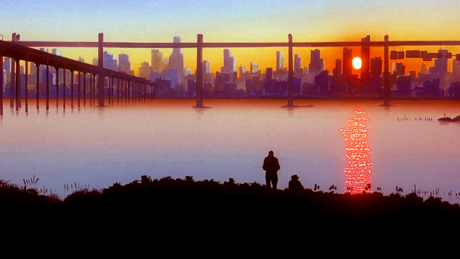 Cowboy Bebop: Sunset over cityscape with bridge and figures HD Wallpaper