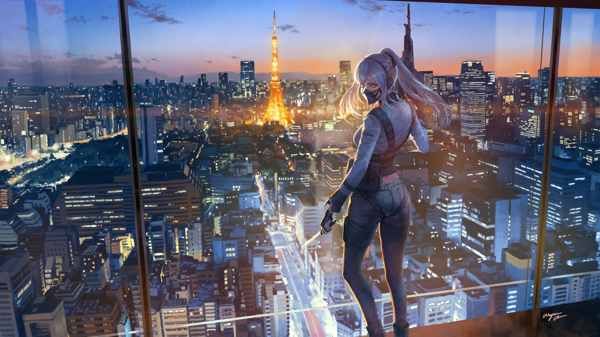 Anime girl with mask overlooking Tokyo cityscape HD Wallpaper