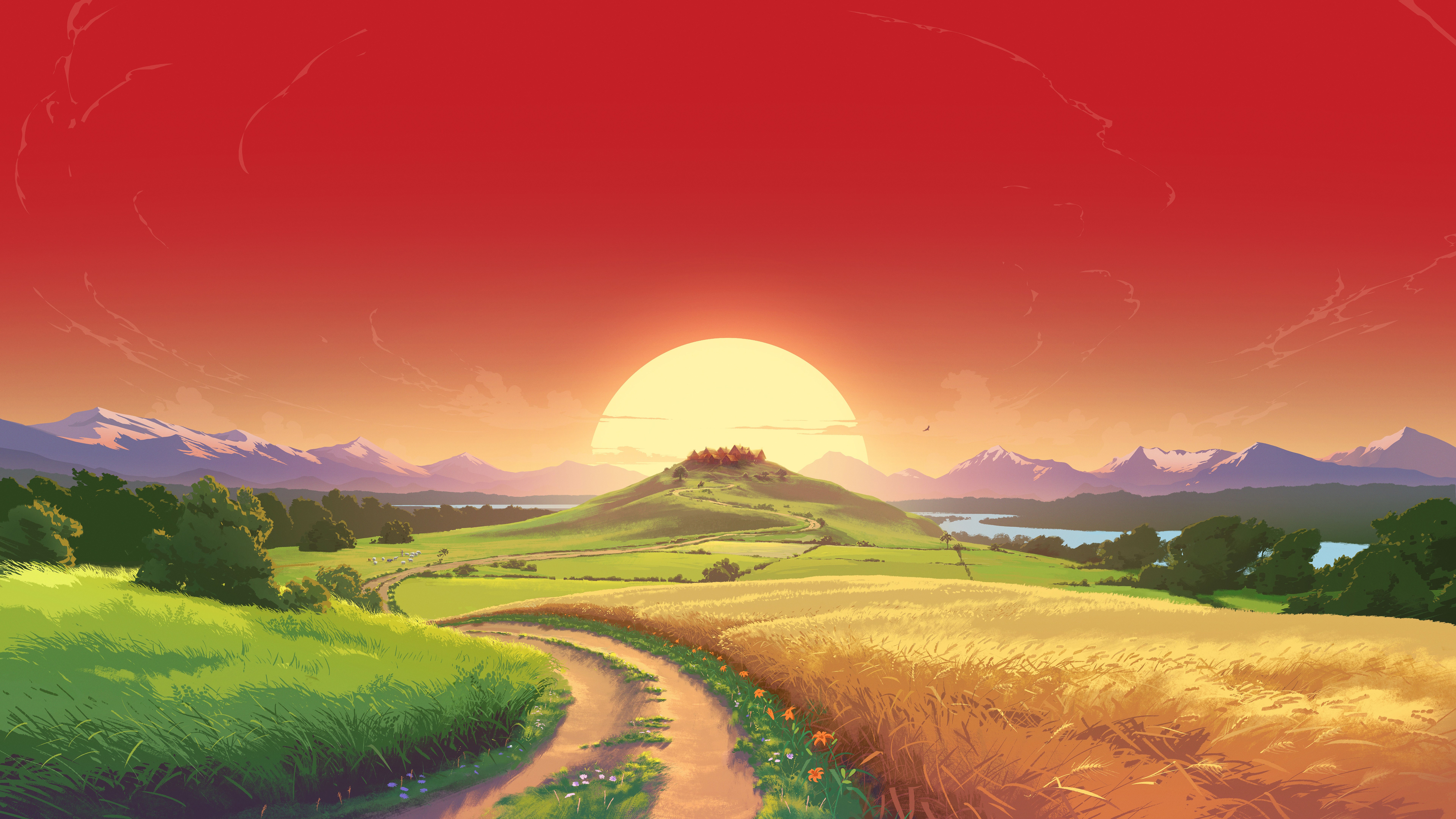 4K Landscape with Sunset over Mountains and Fields HD Wallpaper