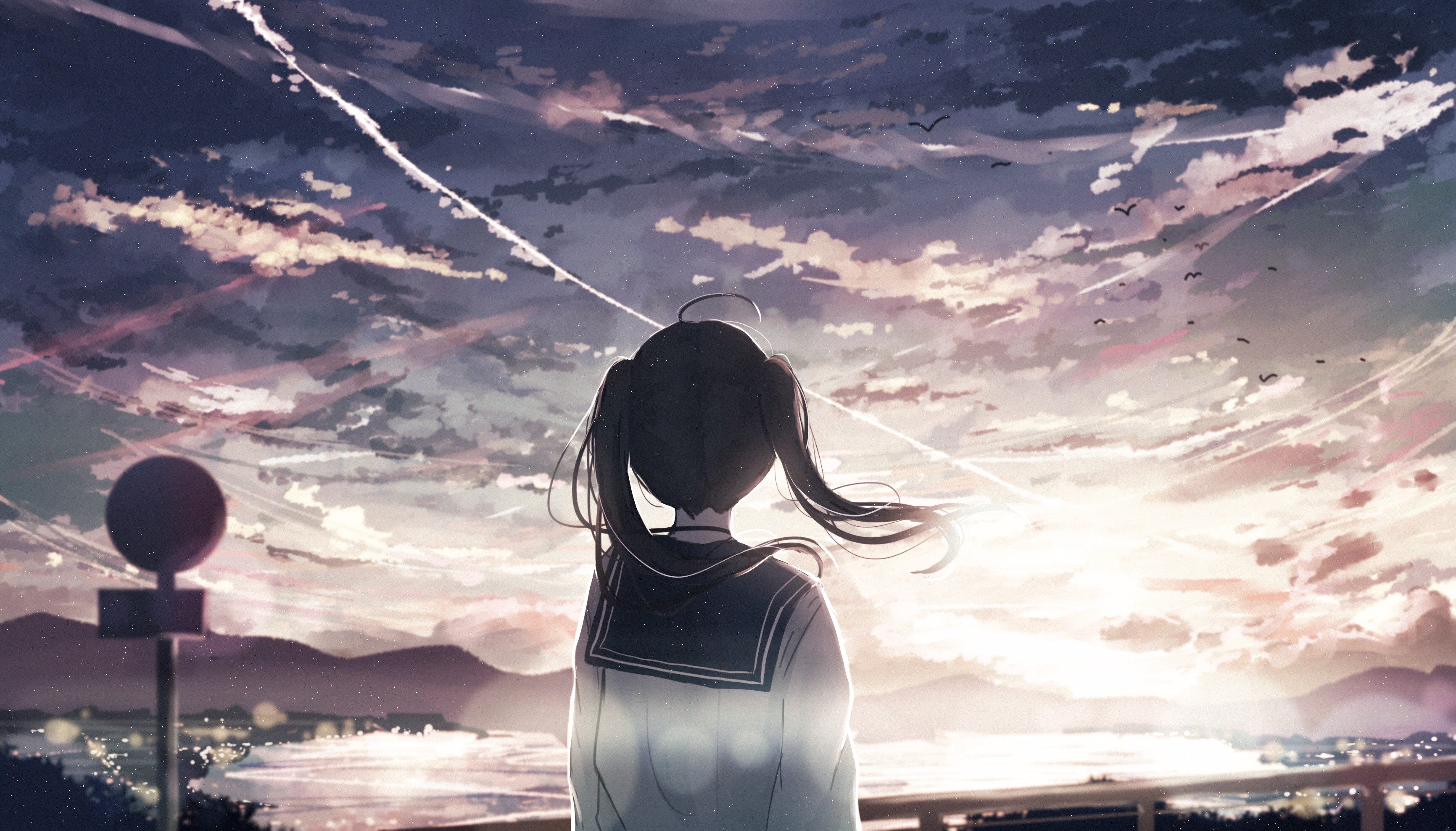 Anime Girl at Sunrise by the Lake HD Wallpaper