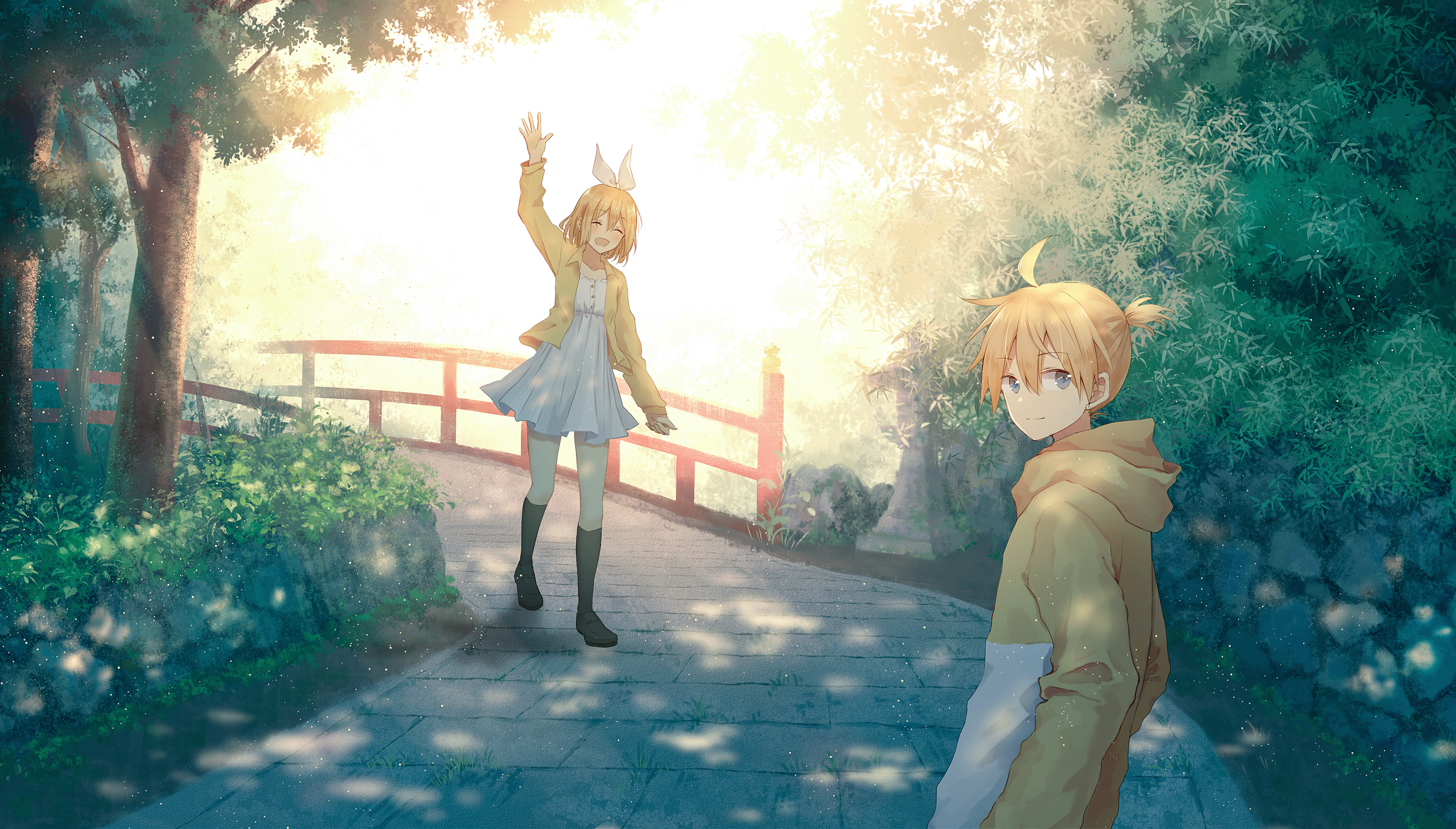 Kagamine Rin and Kagamine Len from Vocaloid in a park HD Wallpaper