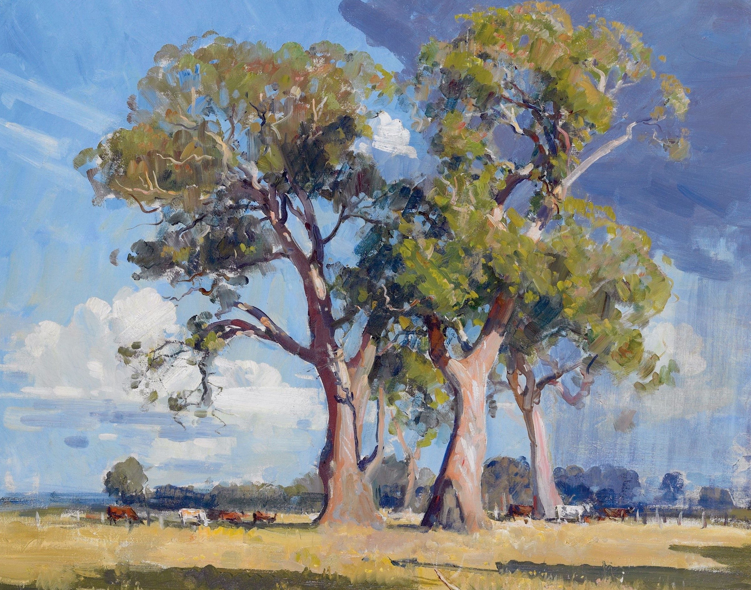 Painting of eucalyptus trees and cattle in a field HD Wallpaper