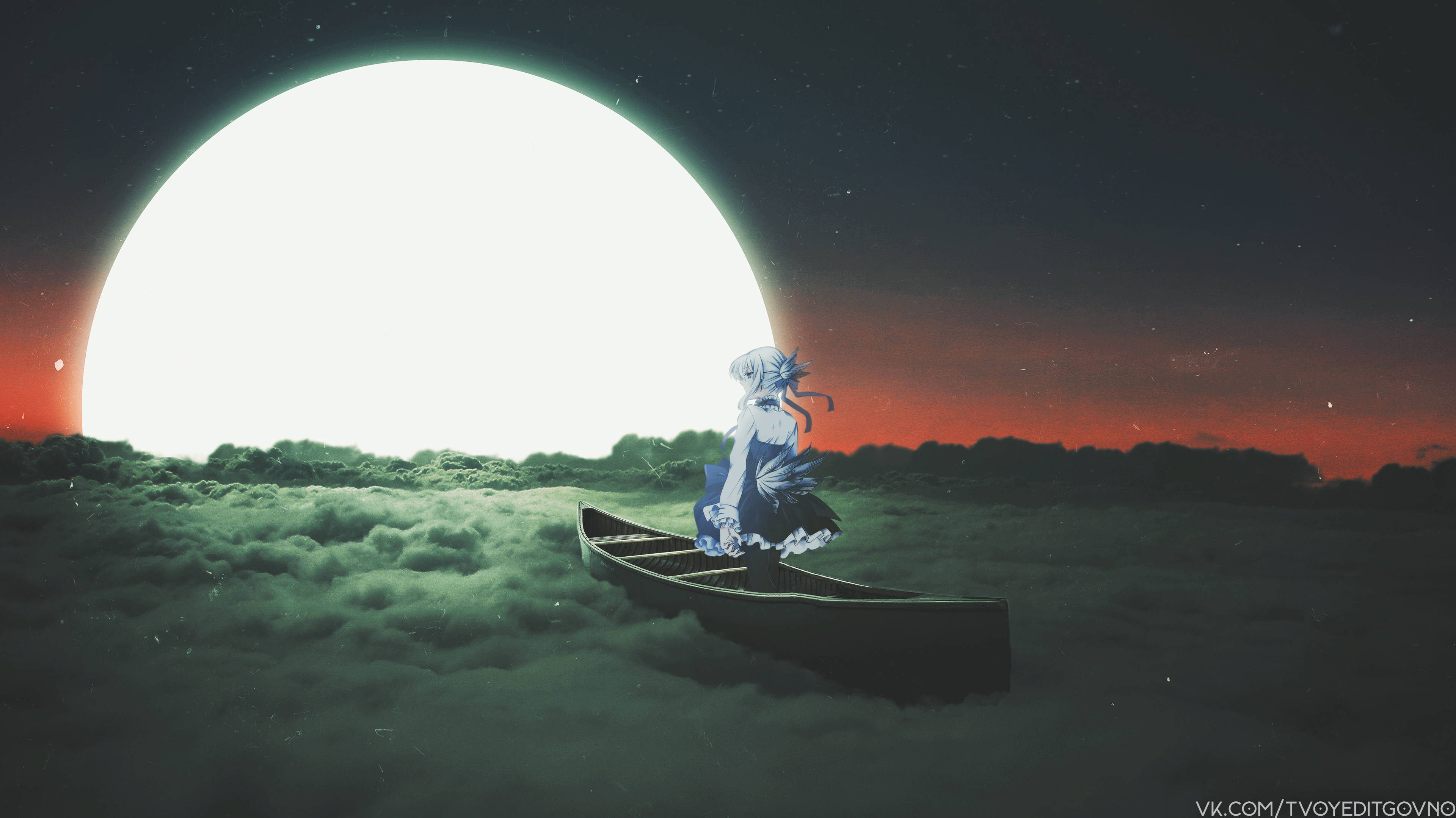 Anime girl in a boat under a large moon HD Wallpaper