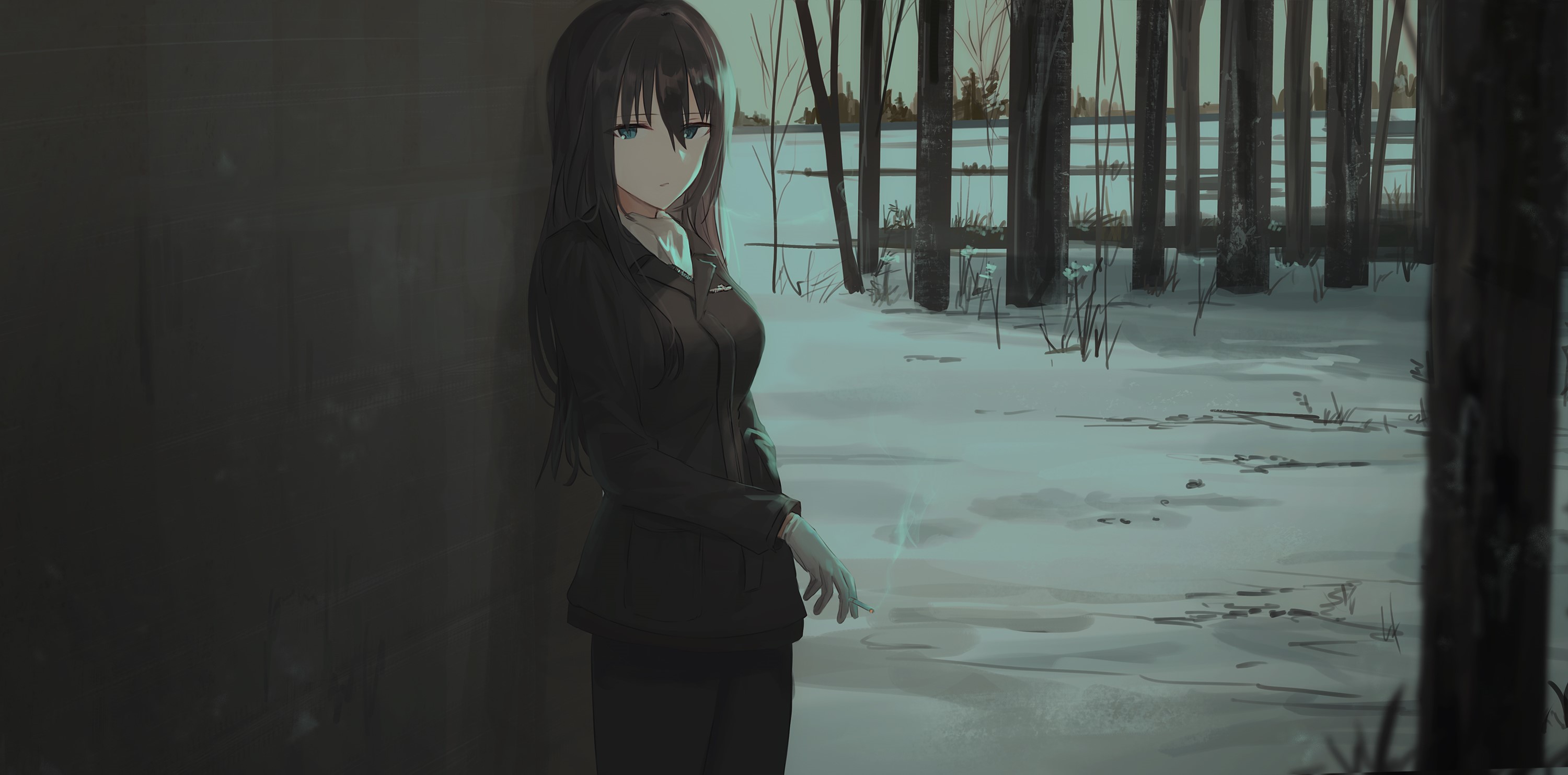 Chihuri 45 from Strike Witches smoking in winter HD Wallpaper