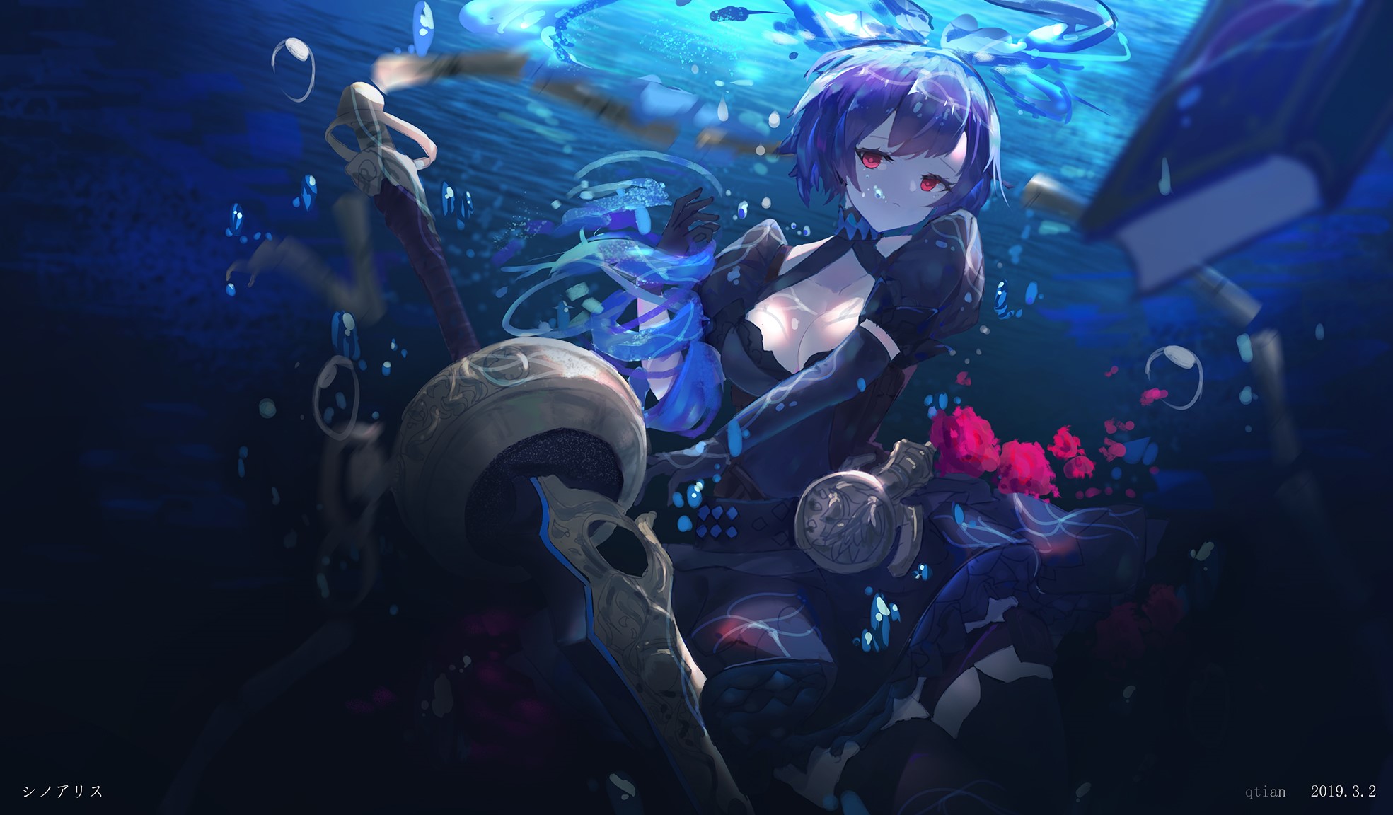 Anime girl with blue hair underwater HD Wallpaper
