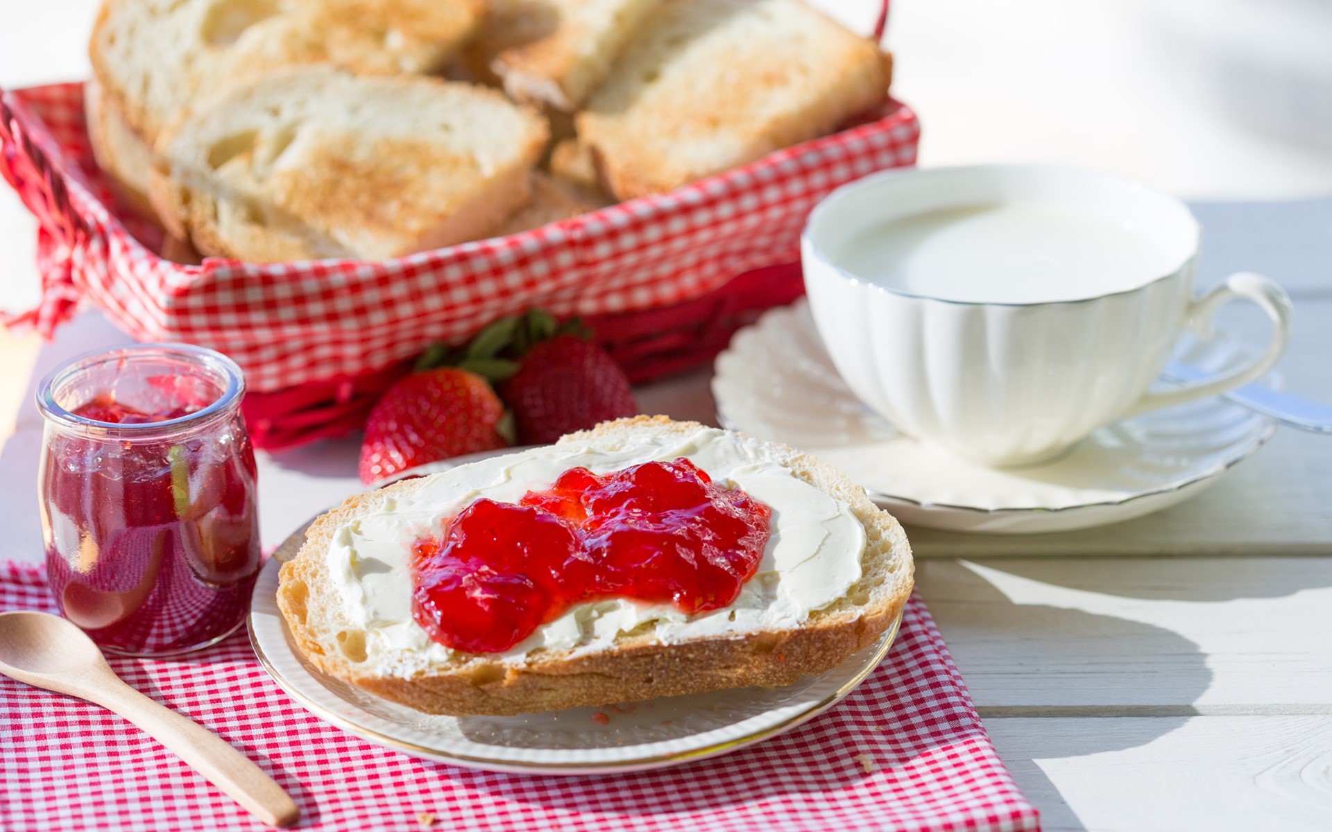 Toast with cream cheese and jam, strawberries, and milk HD Wallpaper
