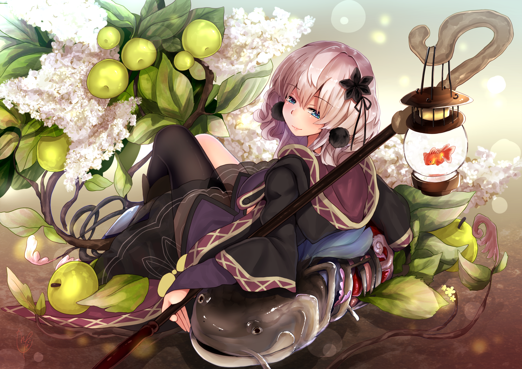 Anime girl with staff and lantern HD Wallpaper