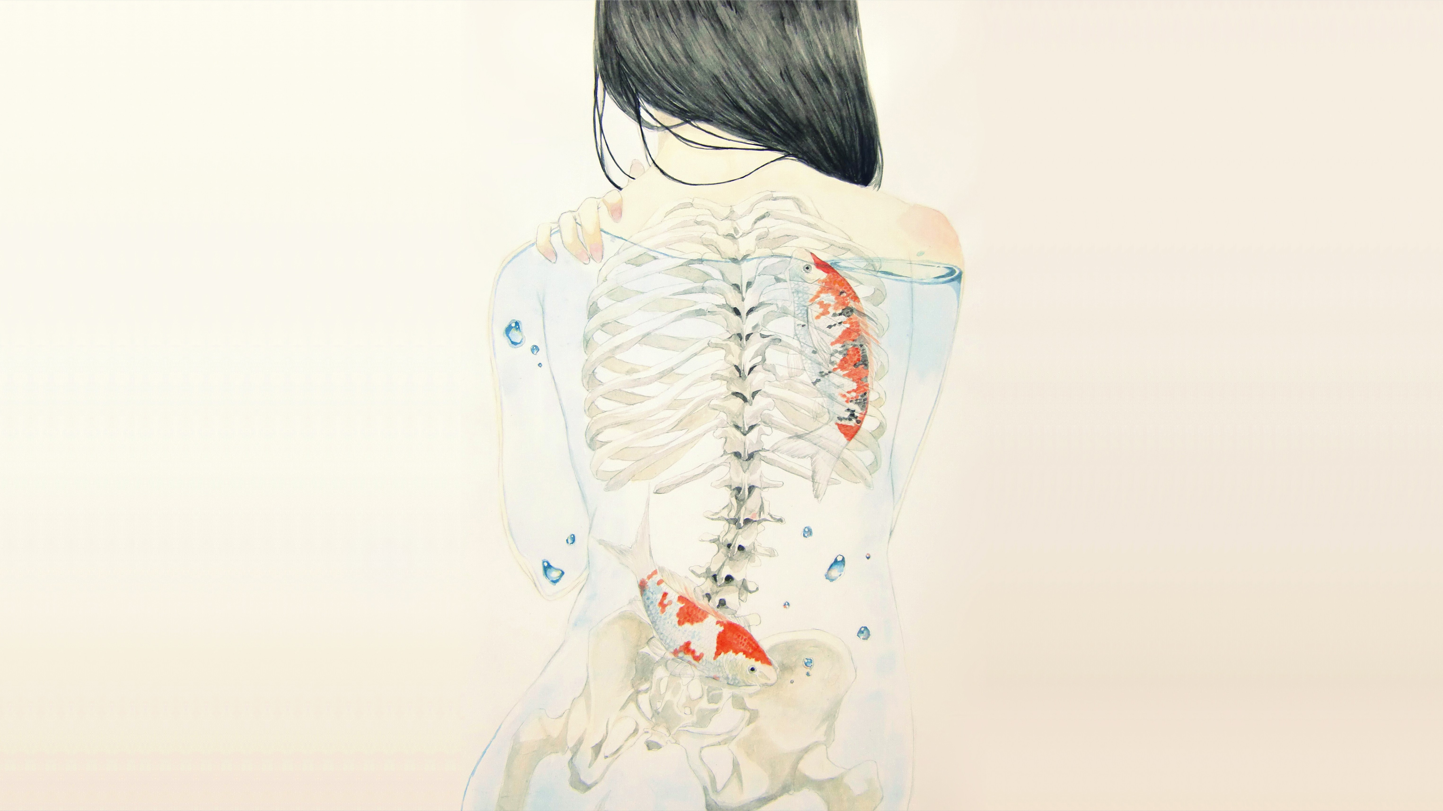 Woman's back with skeleton and koi fish in water HD Wallpaper