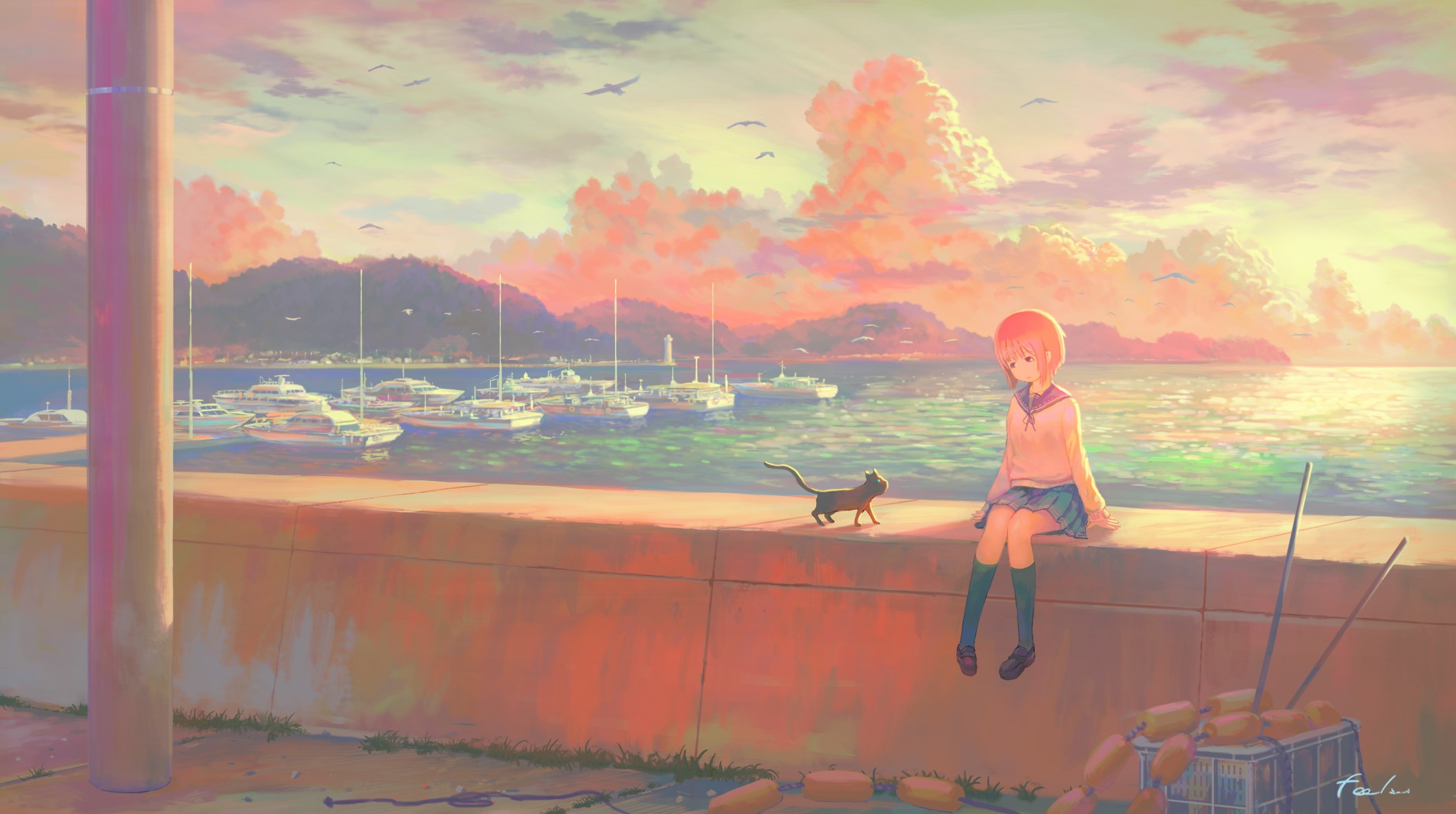 Anime girl and cat by the sea at sunset HD Wallpaper