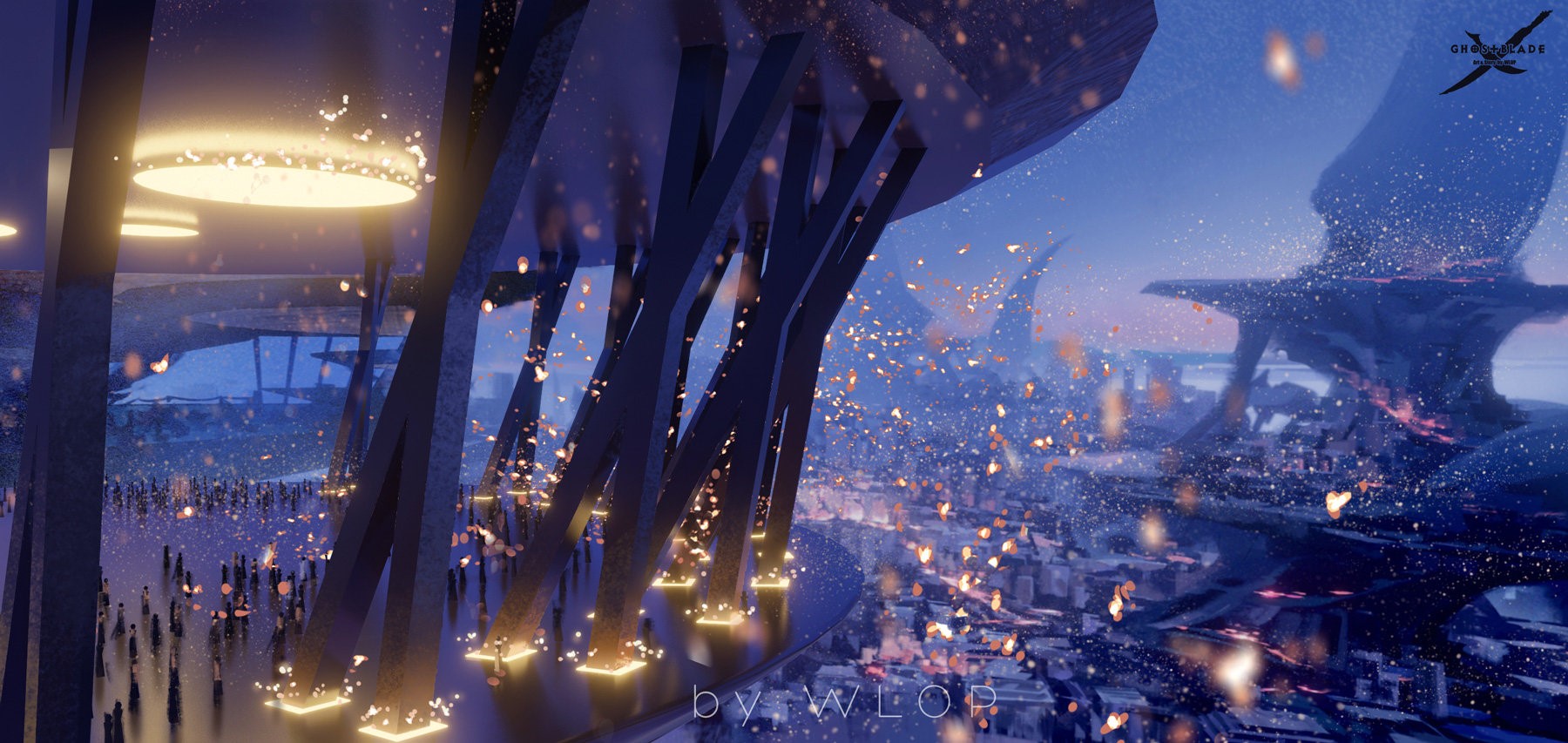 Fantasy Cityscape with Flying Creatures and People HD Wallpaper