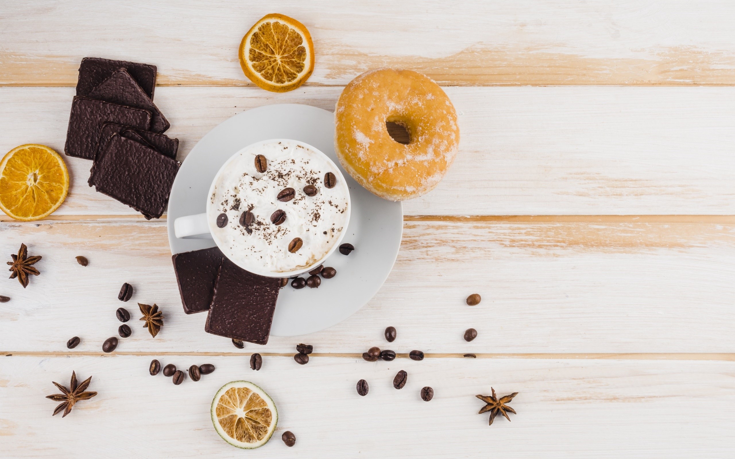 Coffee with donut, chocolate, and dried fruit HD Wallpaper